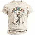 T-shirt graphic of a golfer with text "LAST SWING BEFORE THE RING BACHELOR WEEKEND 2026".