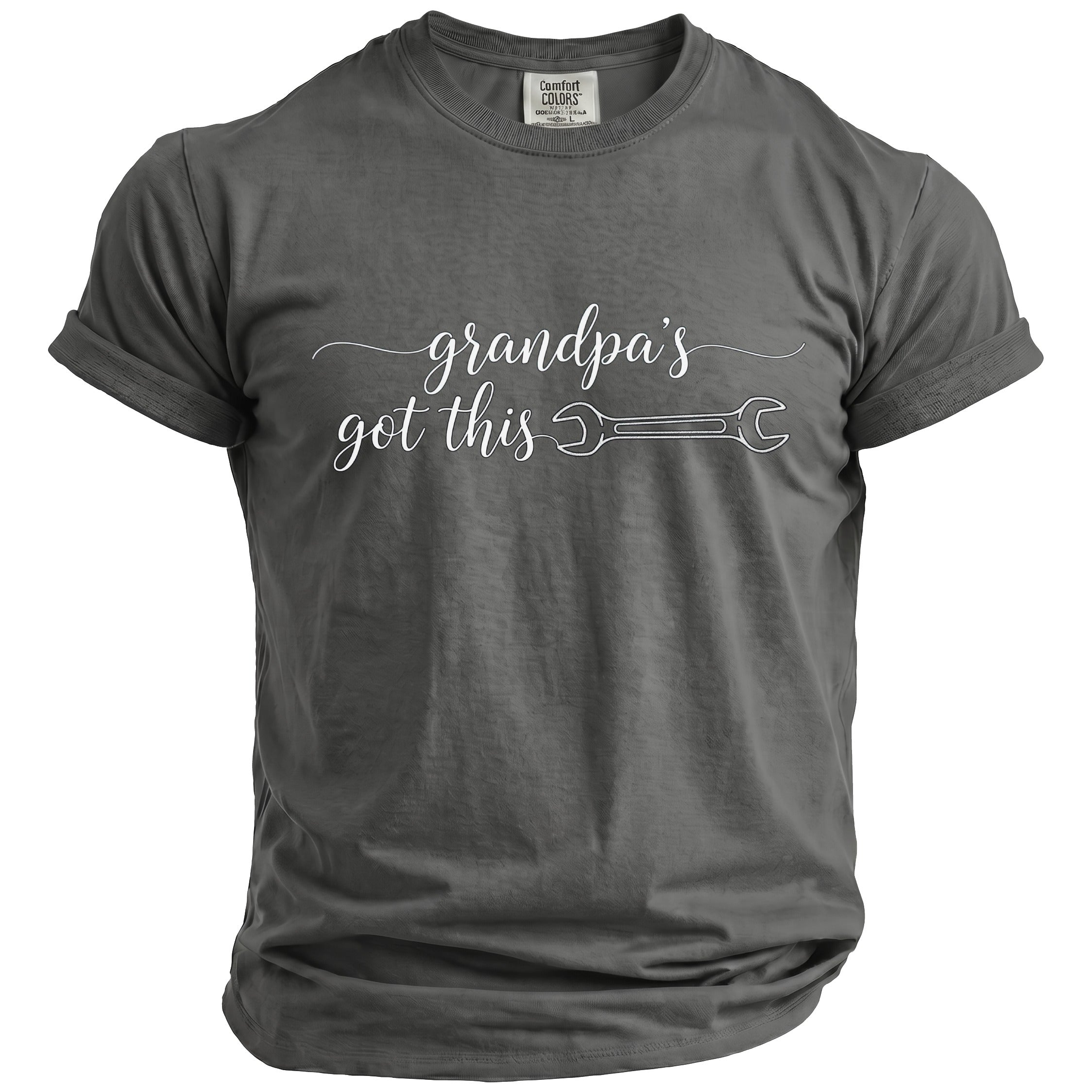 Charcoal t-shirt with white text "grandpa's got this" and a wrench graphic.