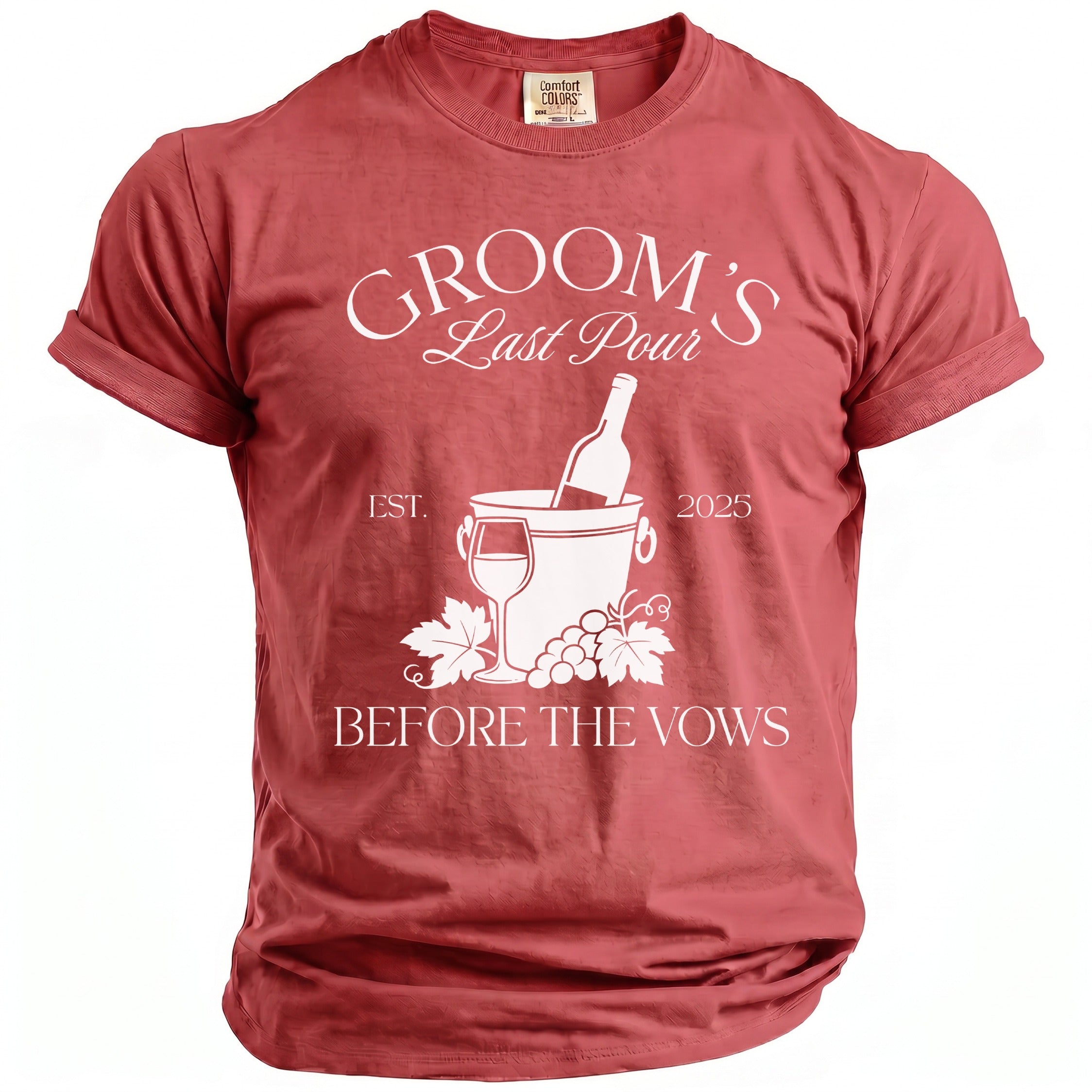 Red t-shirt with "Groom's Last Pour" graphic and wine imagery.