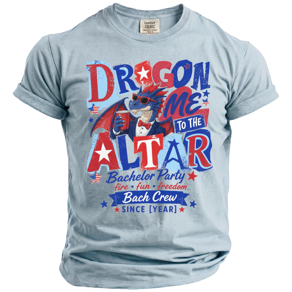 T-shirt with text "Dragon Me To The Altar" and a dragon.