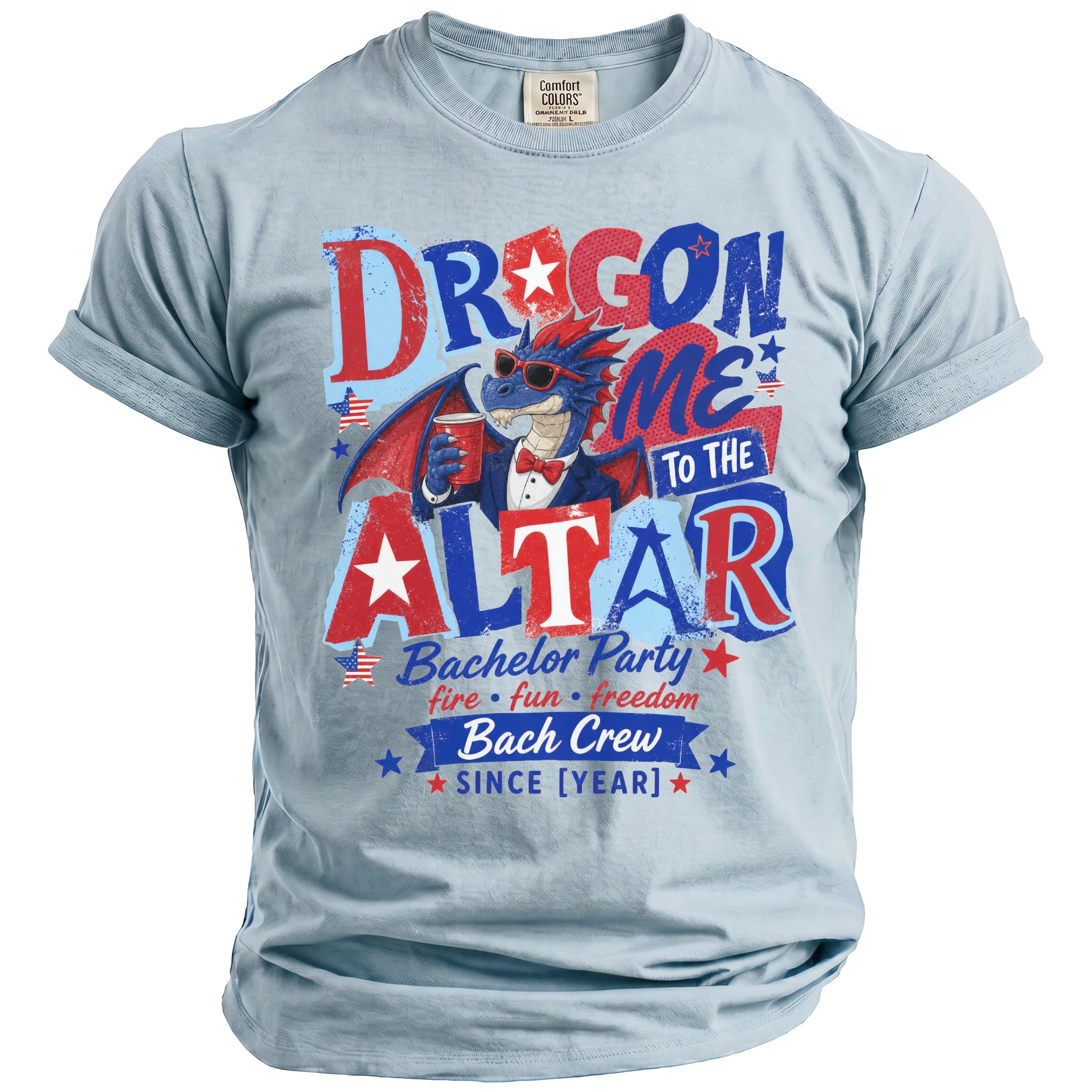 T-shirt with text "Dragon Me To The Altar" and a dragon.