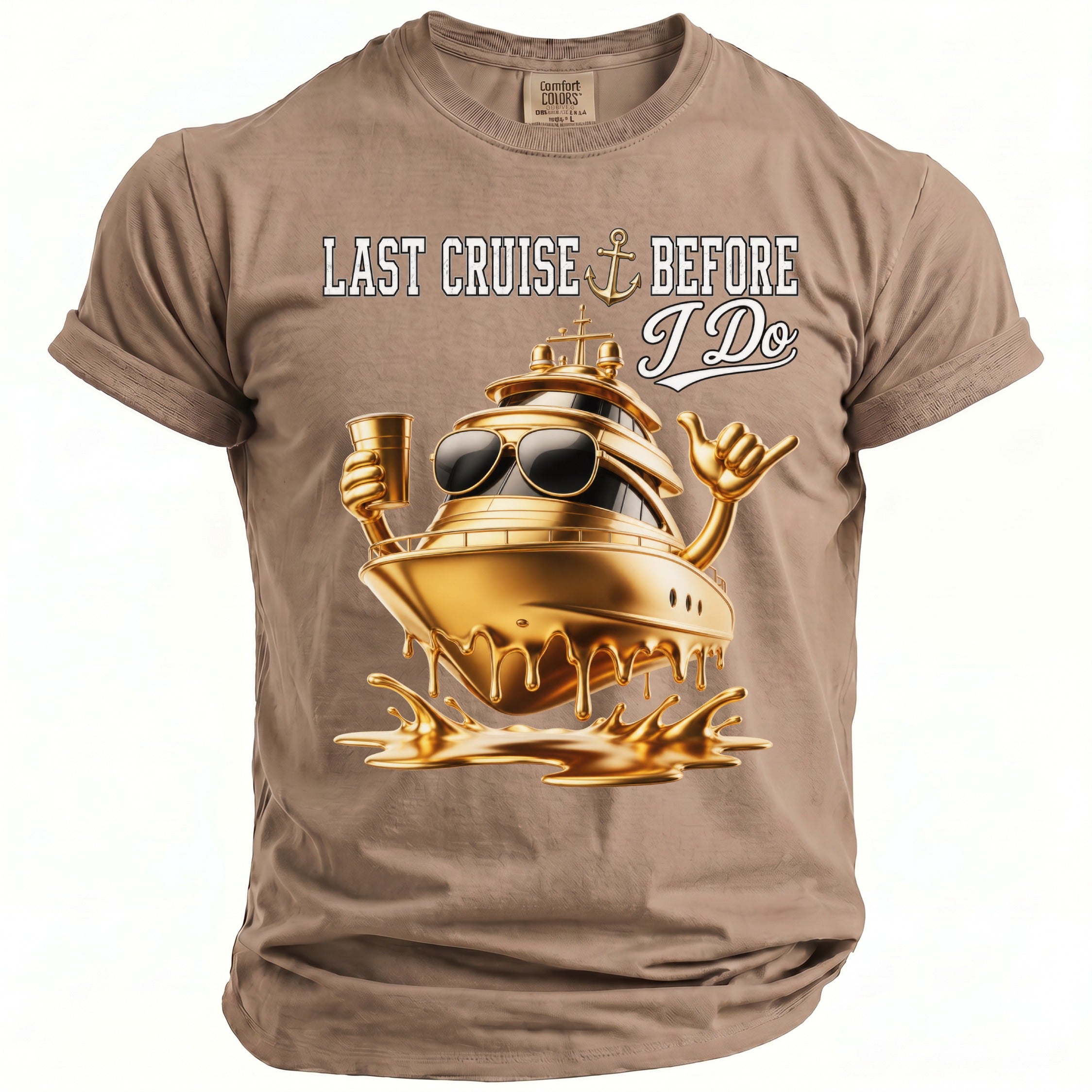 T-shirt with "Last Cruise Before I Do" text and a golden yacht graphic.