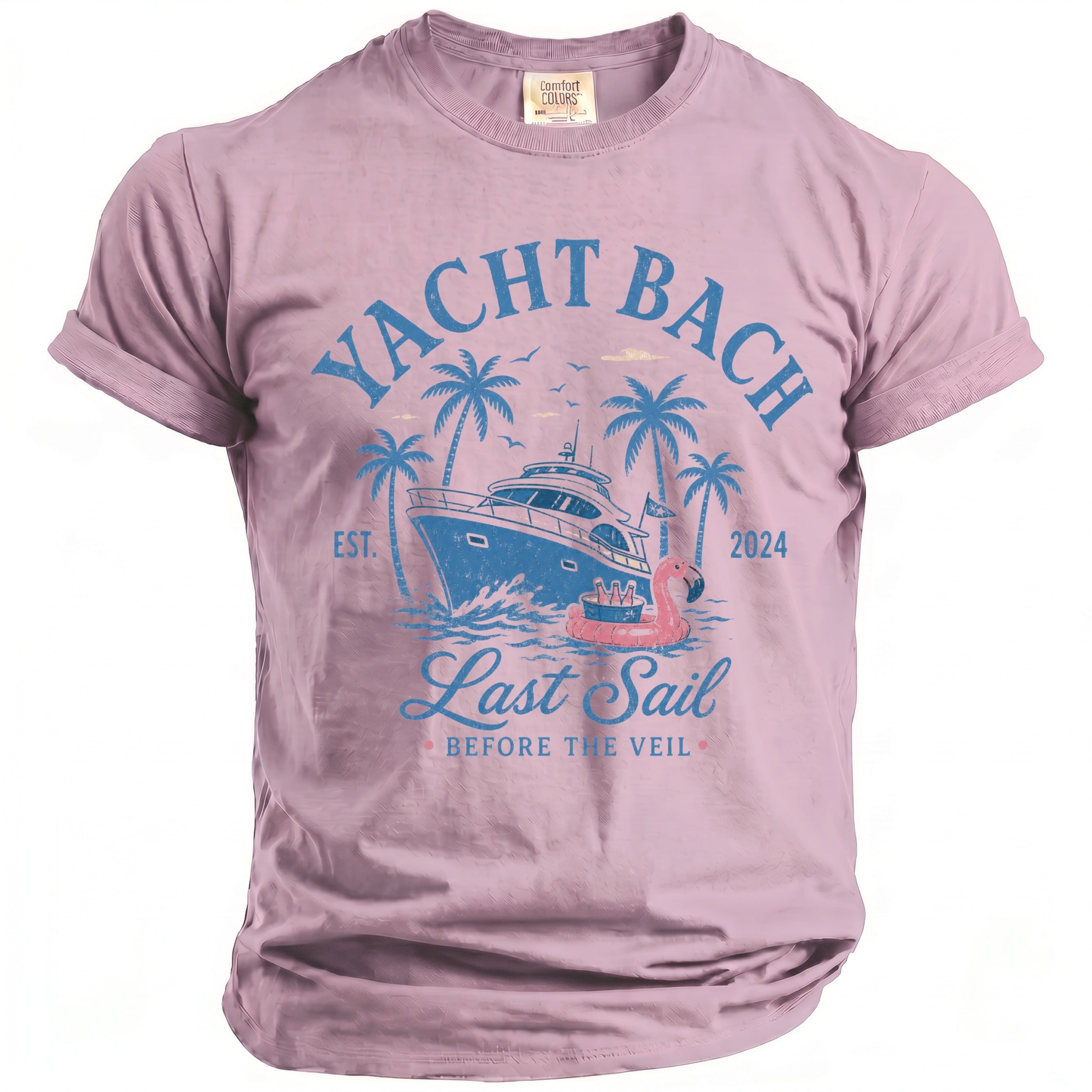 Pink t-shirt with "Yacht Bach Last Sail Before The Veil" text and boat graphic.