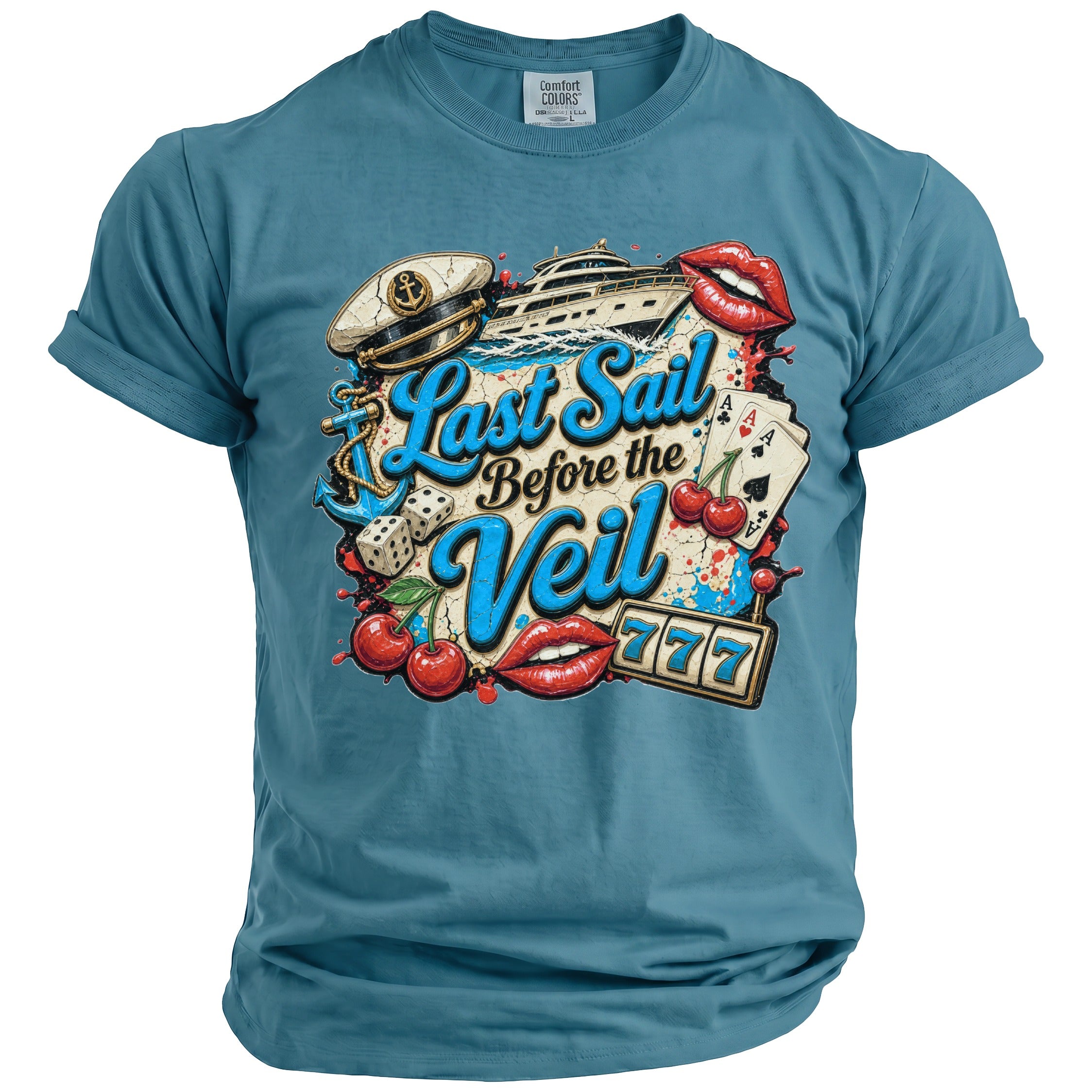 Blue t-shirt featuring Last Sail Before the Veil graphic with anchor, yacht, lips, and dice.
