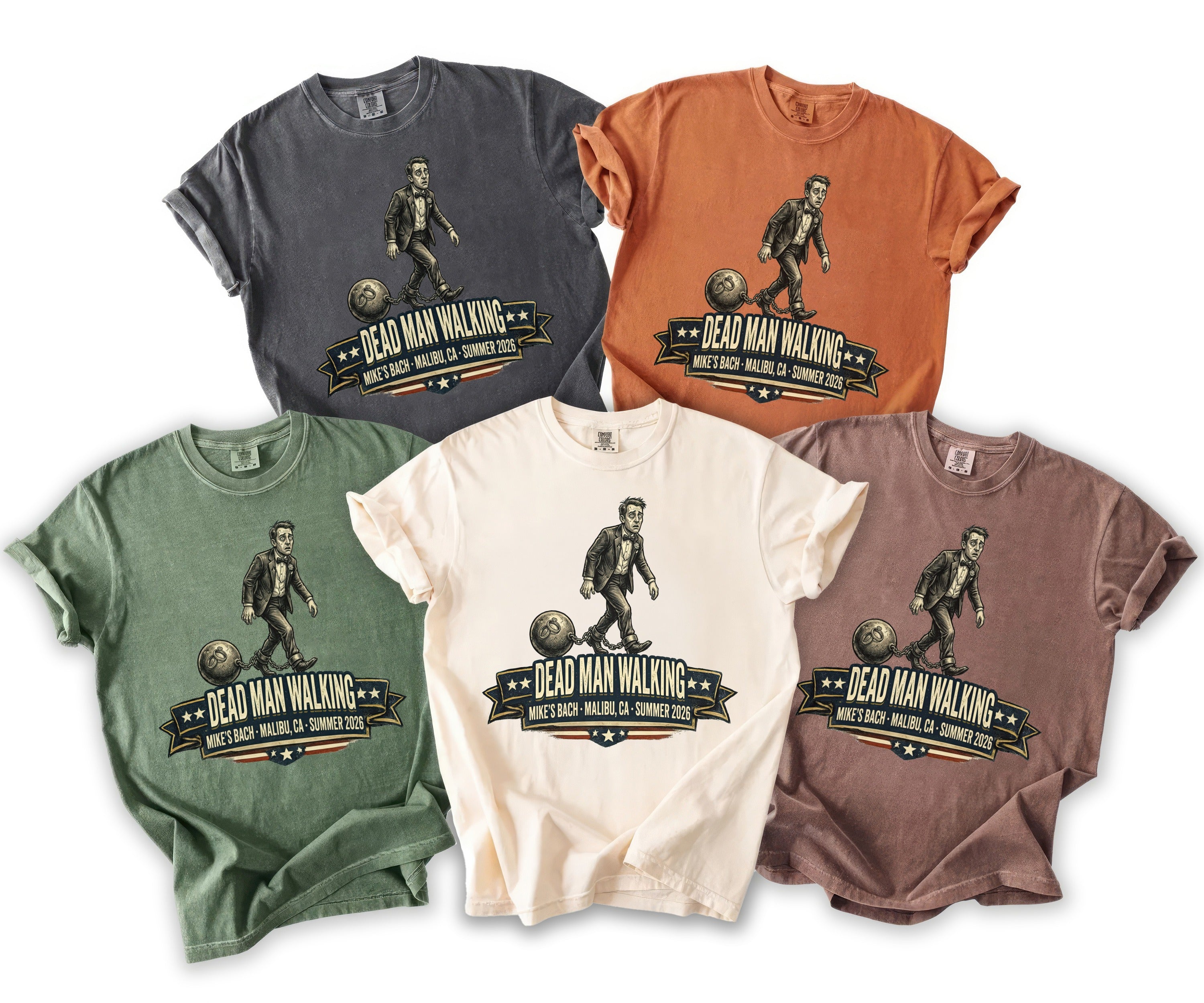 T-shirts display a "Dead Man Walking" graphic with text "Mike's Bach - Malibu, CA - Summer 2026".