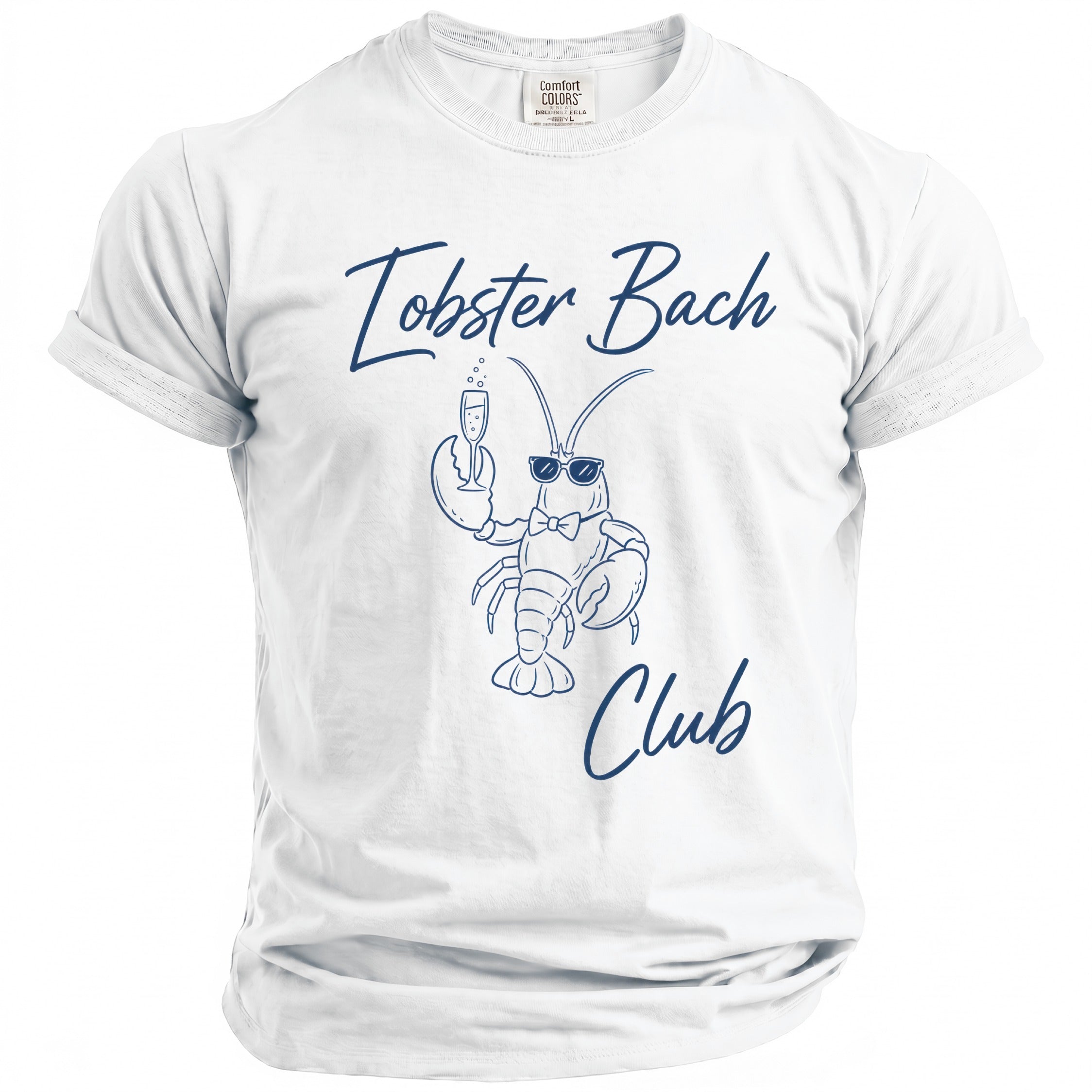 White t-shirt with blue graphic of lobster wearing sunglasses and holding champagne.