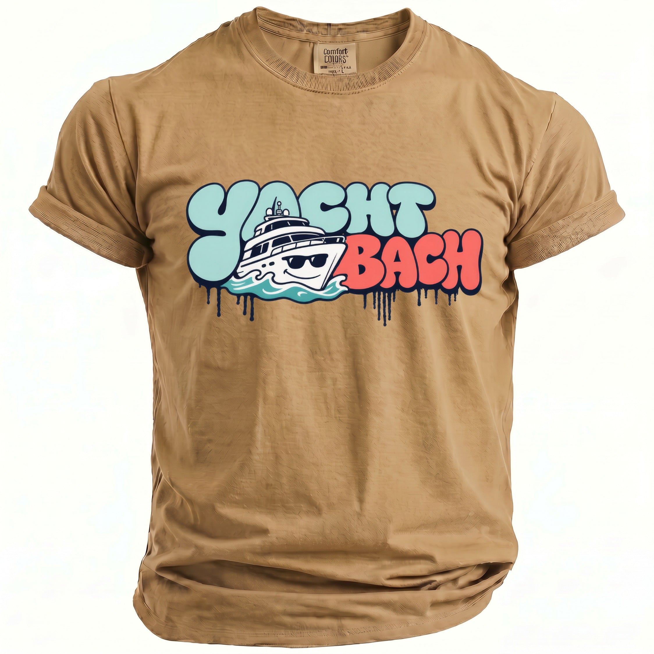 Brown t-shirt with "Yacht Bach" graphic featuring a yacht and dripping paint.