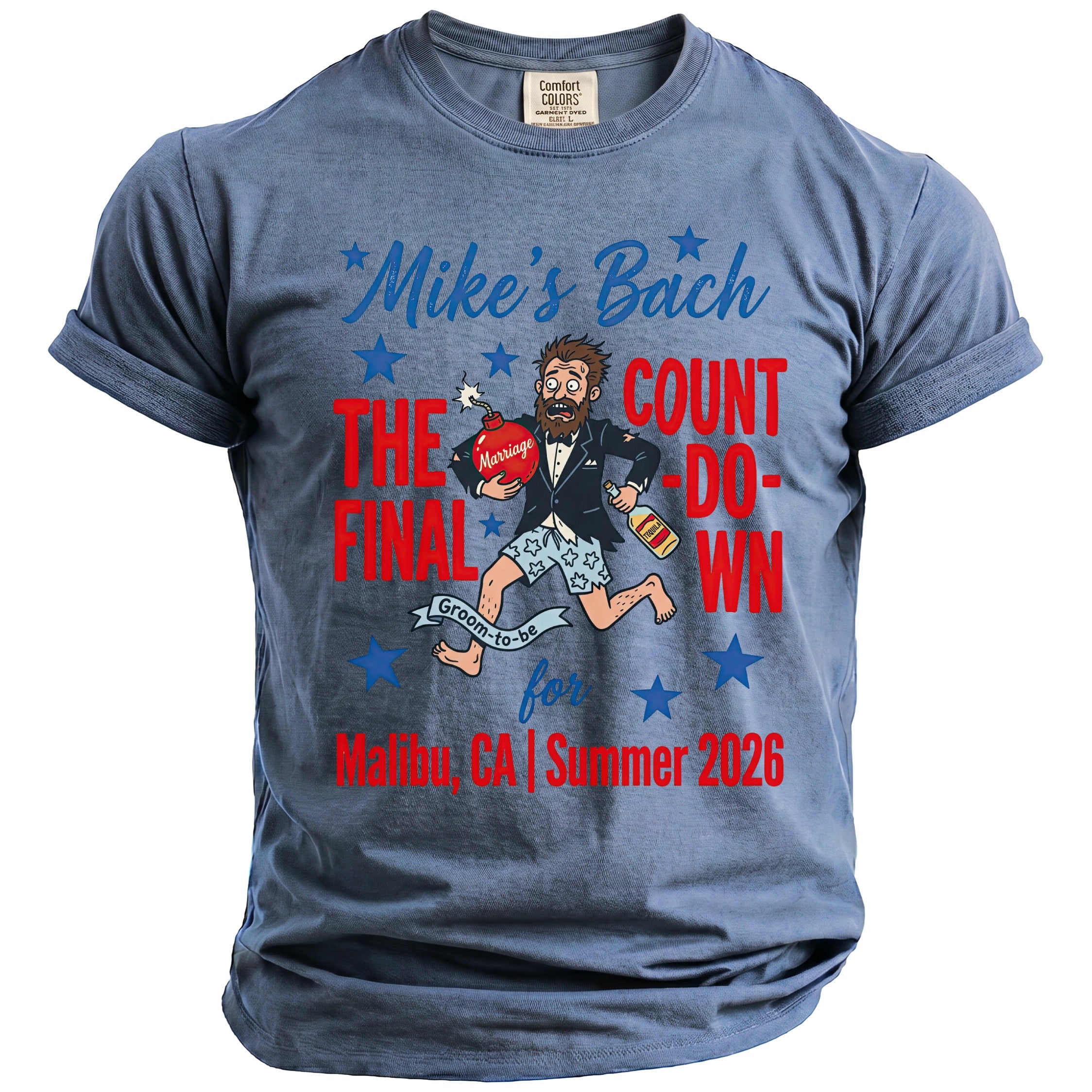 Blue t-shirt with "Mike's Bach The Final Count-Down" text and graphic.