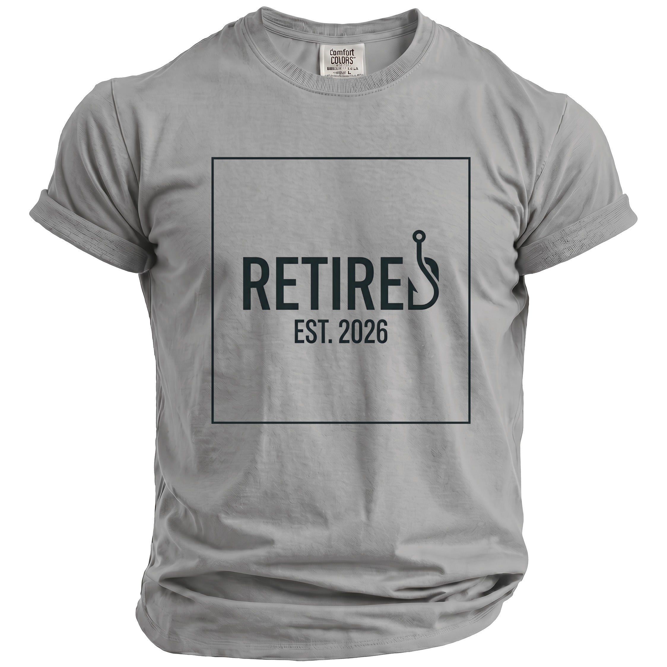 Gray t-shirt with "RETIRES EST. 2026" and fishing hook graphic.