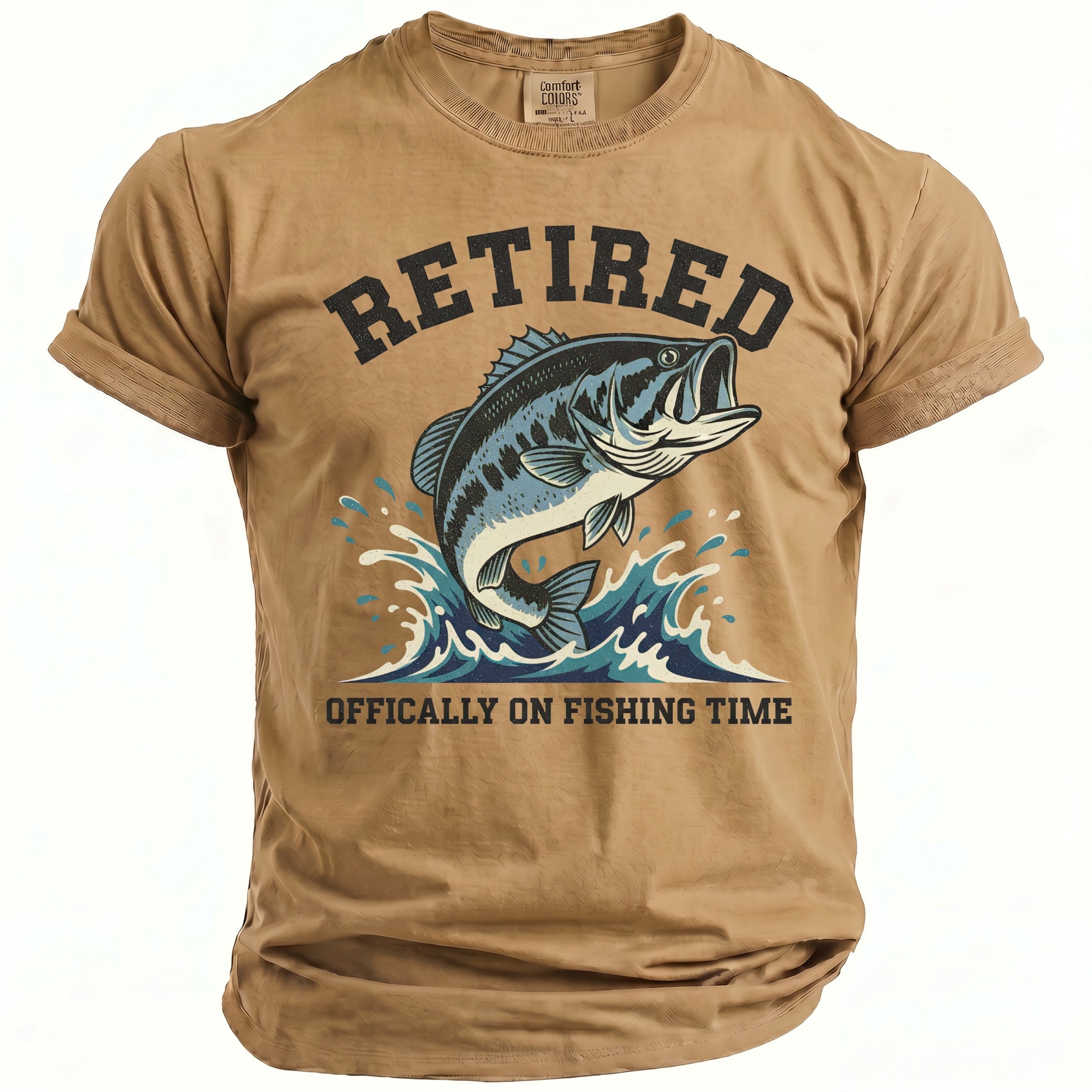 Brown t-shirt with "RETIRED" above a jumping bass fish and "OFFICALLY ON FISHING TIME".