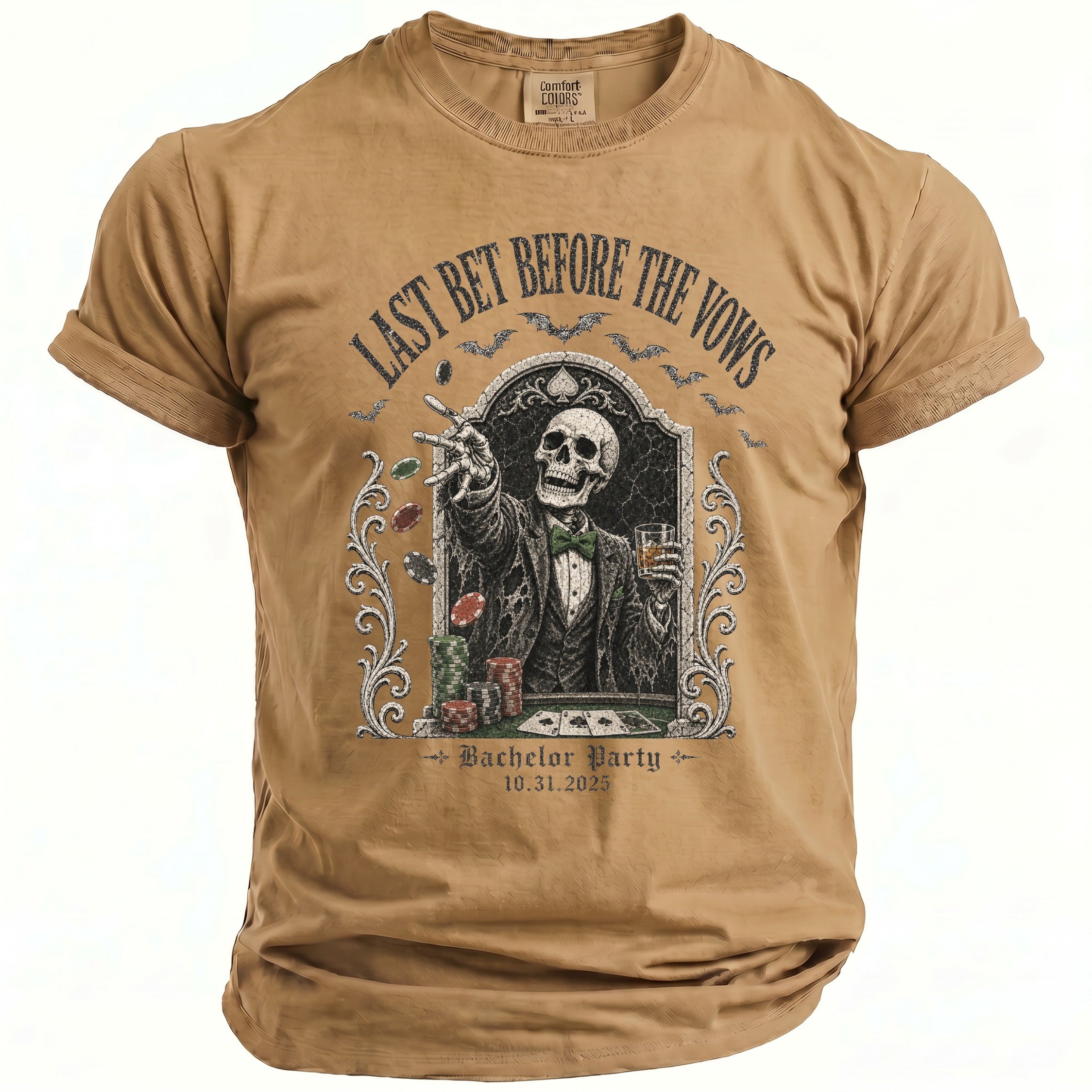 T-shirt with a skeleton playing poker, "Last Bet Before The Vows," and "Bachelor Party 10.31.2025."