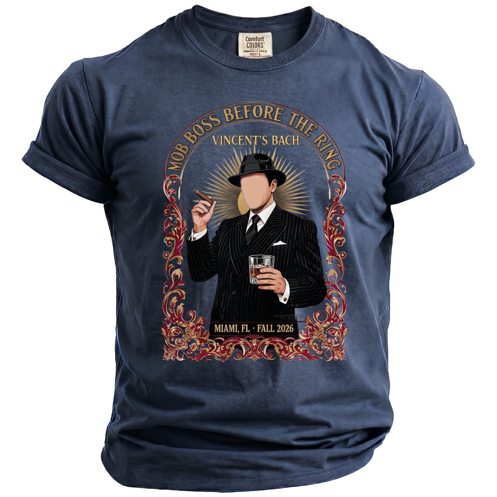 T-shirt with Mob Boss graphic, cigar, whiskey, and text "Mob Boss Before The Ring Vincent's Bach Miami FL Fall 2026".