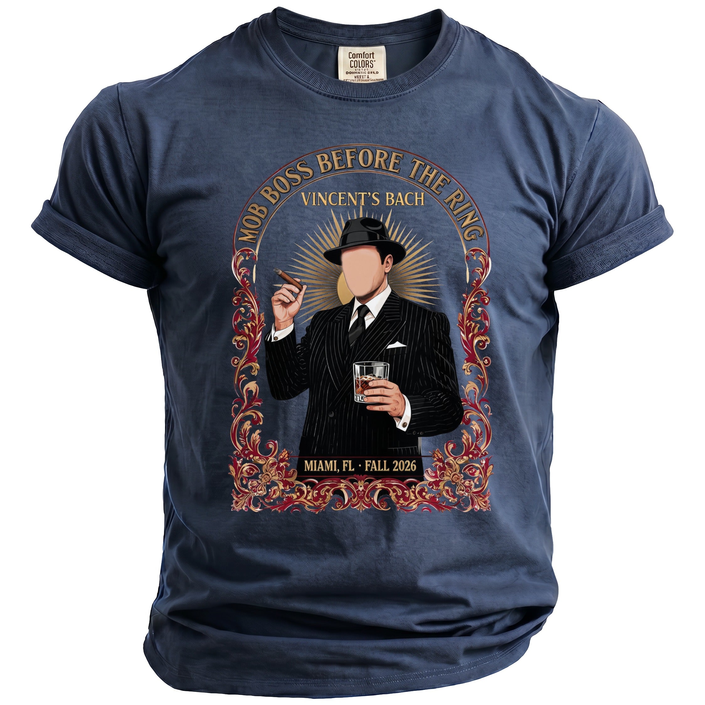 T-shirt with Mob Boss graphic, cigar, whiskey, and text "Mob Boss Before The Ring Vincent's Bach Miami FL Fall 2026".
