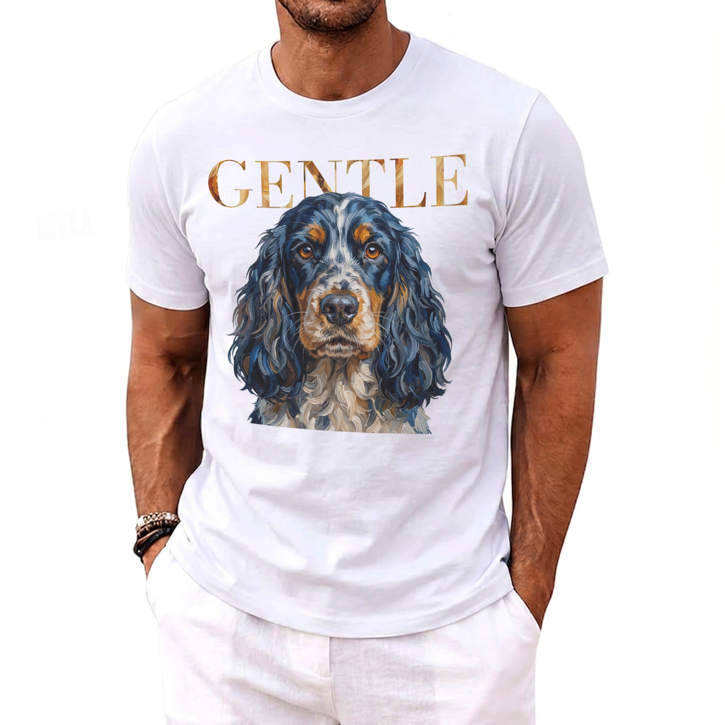 White t-shirt with a watercolor-style dog portrait and the word "GENTLE".