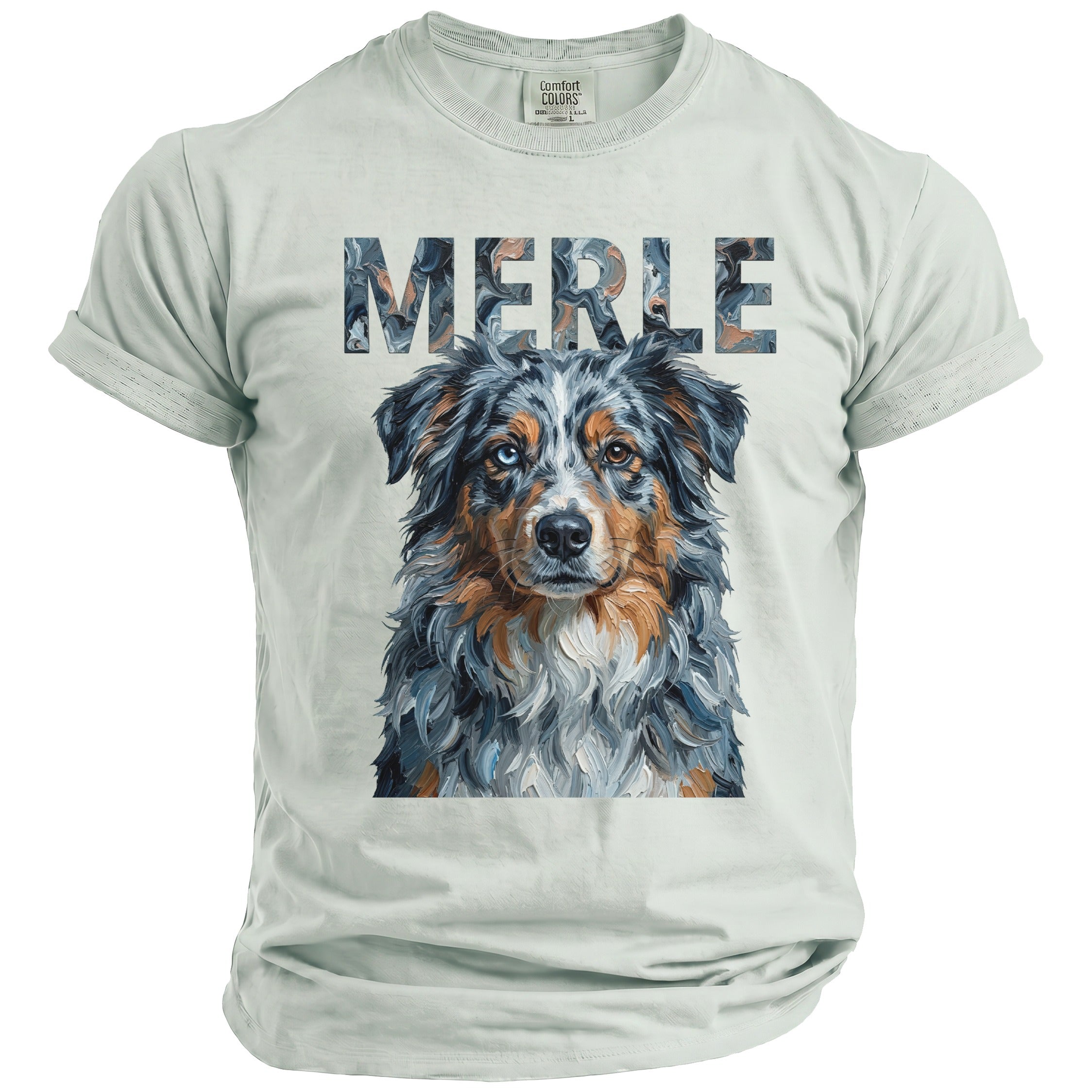 T-shirt with "MERLE" text and a painted portrait of a blue merle Australian Shepherd dog.