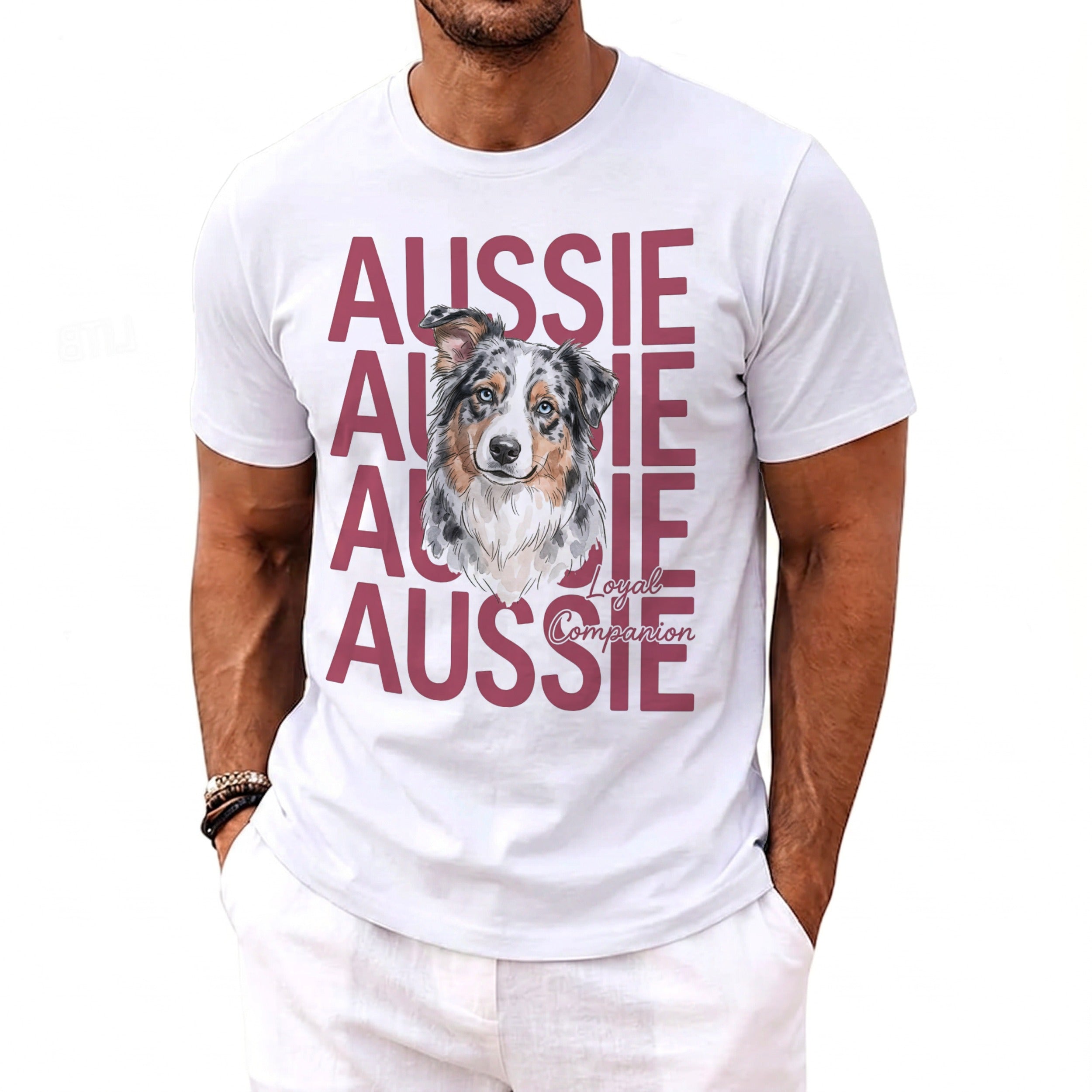 White t-shirt with "AUSSIE Loyal Companion" text and a dog portrait.