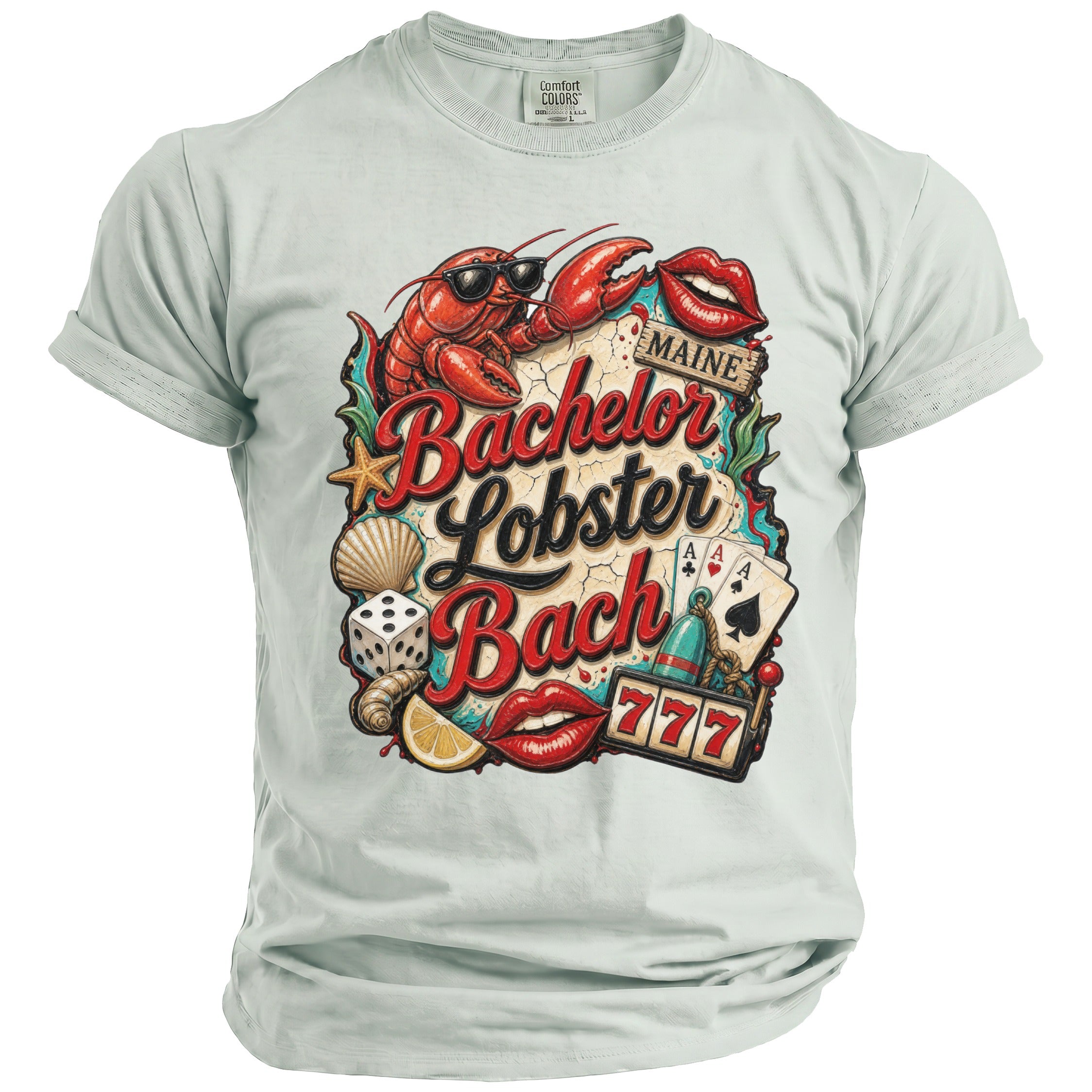 Light blue t-shirt with "Bachelor Lobster Bach Maine" graphic featuring a lobster, lips, dice, and cards.