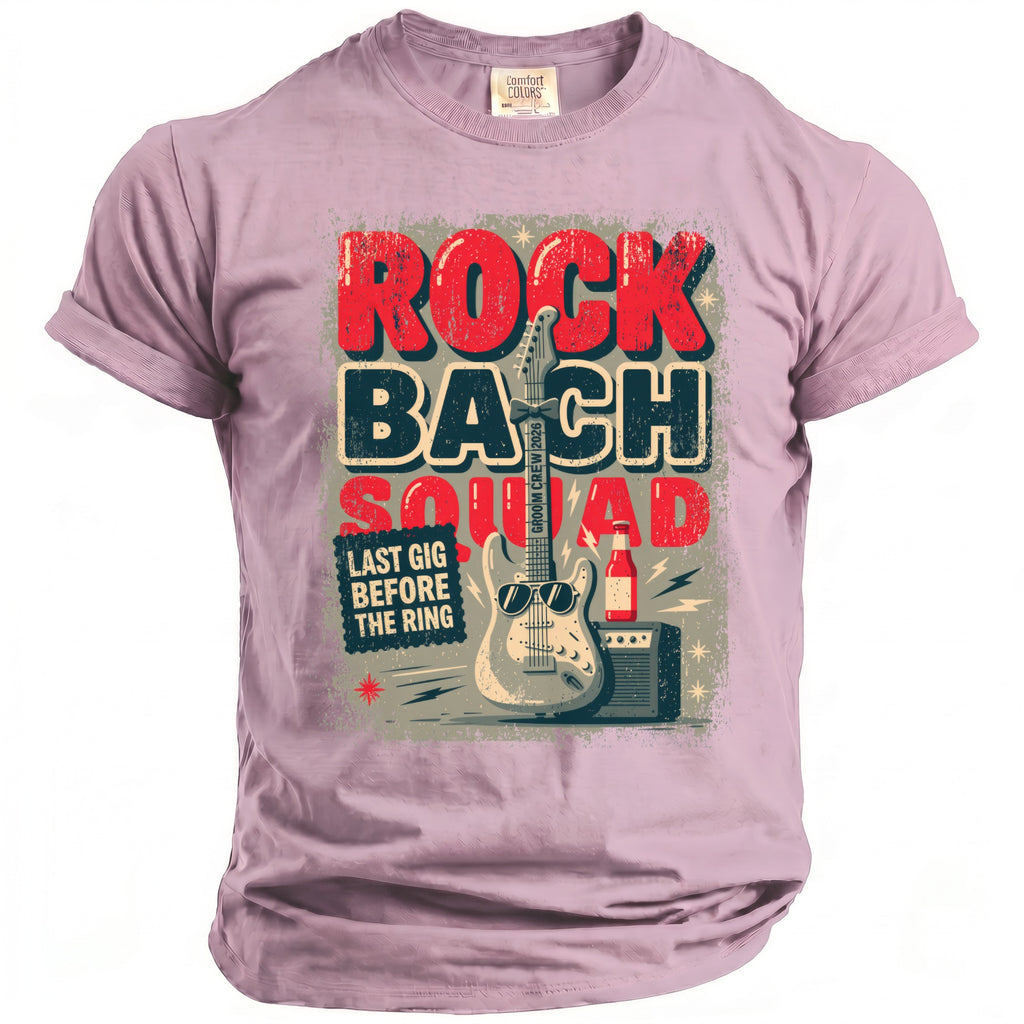 Rock Bach Squad t-shirt with guitar, amplifier, beer bottle, and "Last Gig Before the Ring" text.