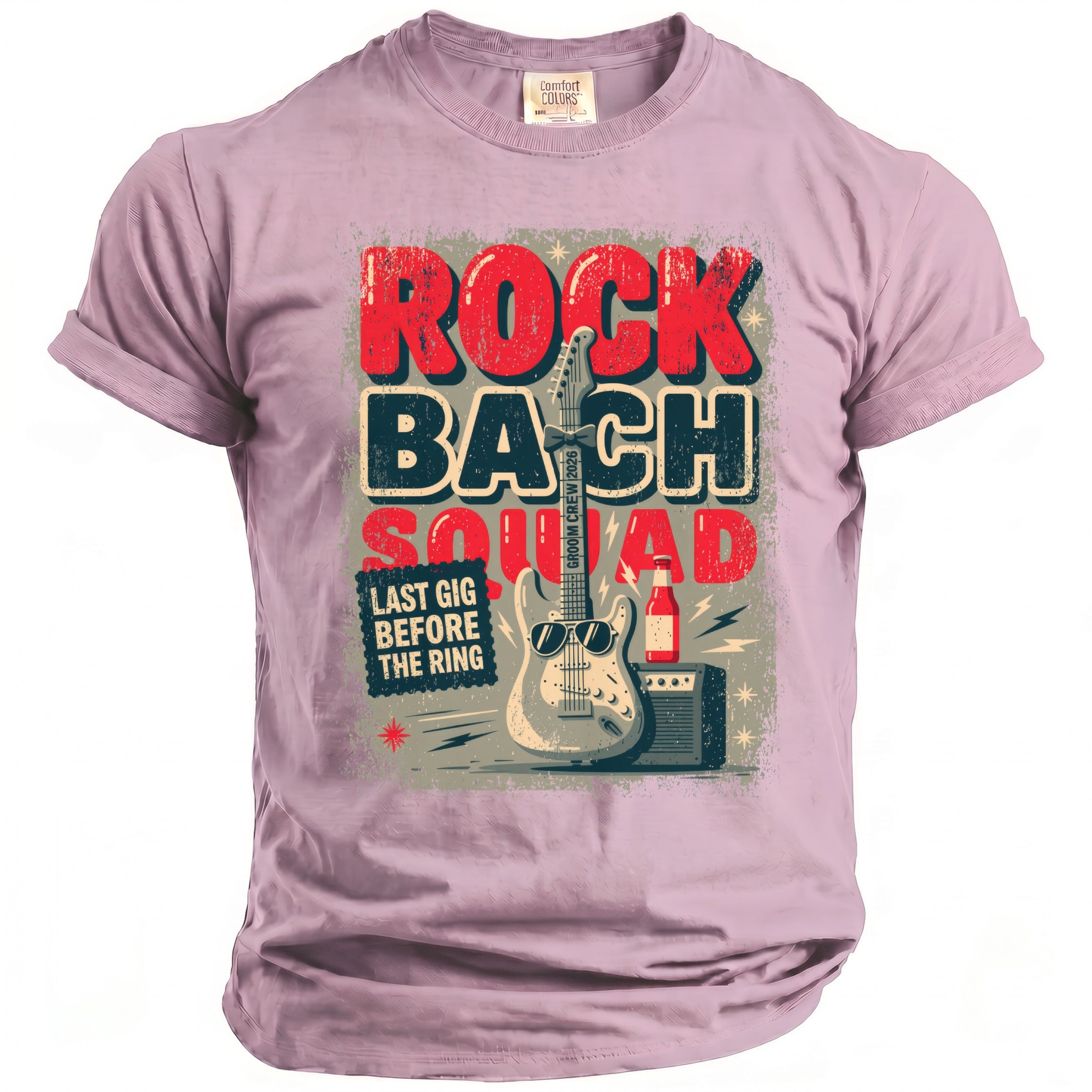 Rock Bach Squad t-shirt with guitar, amplifier, beer bottle, and "Last Gig Before the Ring" text.