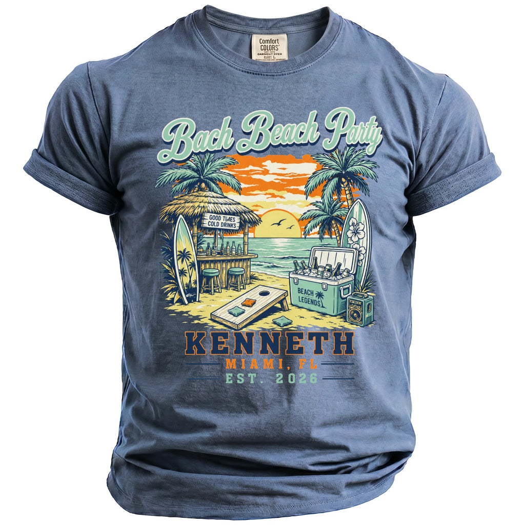 Knit t-shirt with "Bach Beach Party" graphic, tropical bar, cooler, and text.