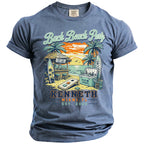Knit t-shirt with "Bach Beach Party" graphic, tropical bar, cooler, and text.