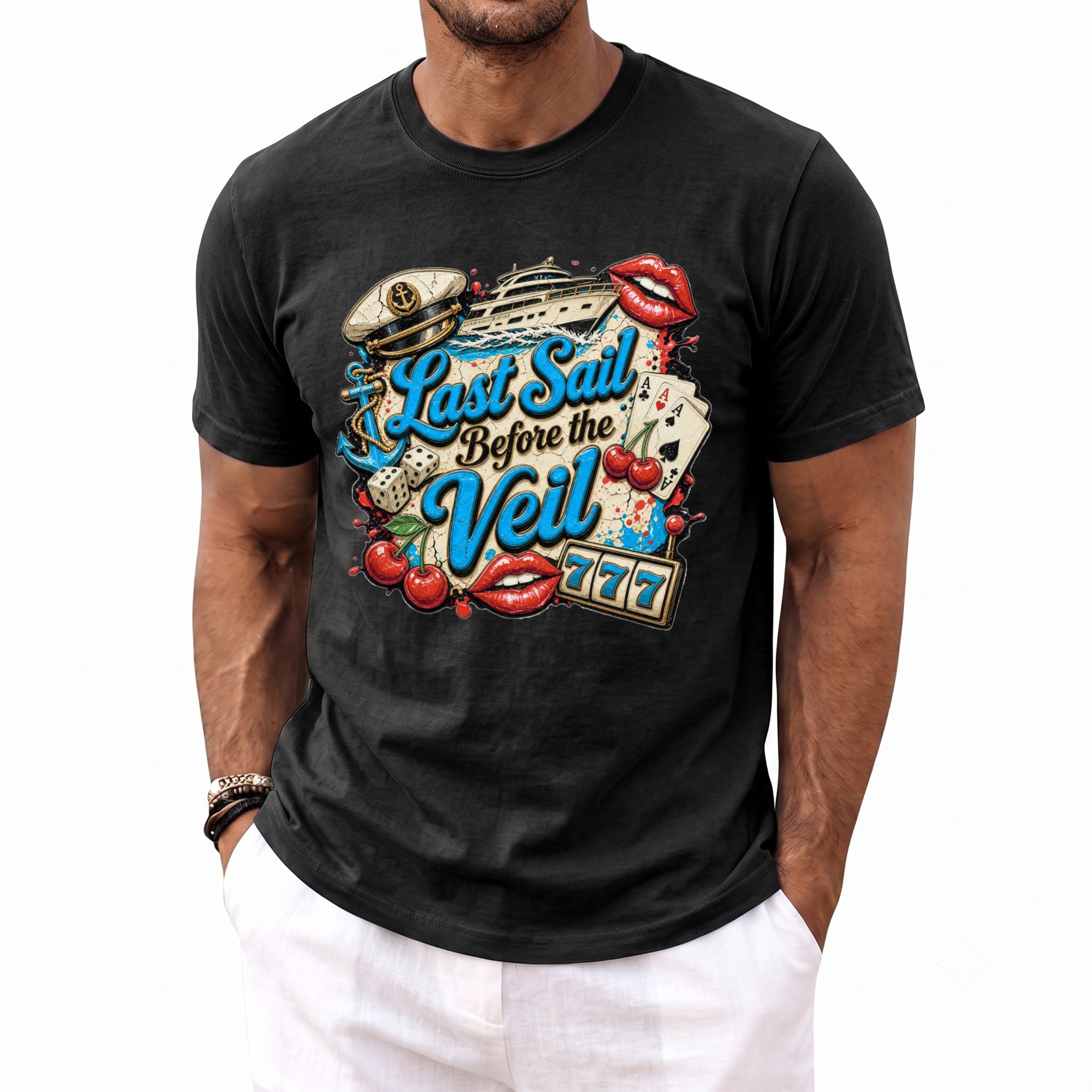 A man wearing a black t-shirt with a colorful graphic that reads Last Sail Before the Veil.