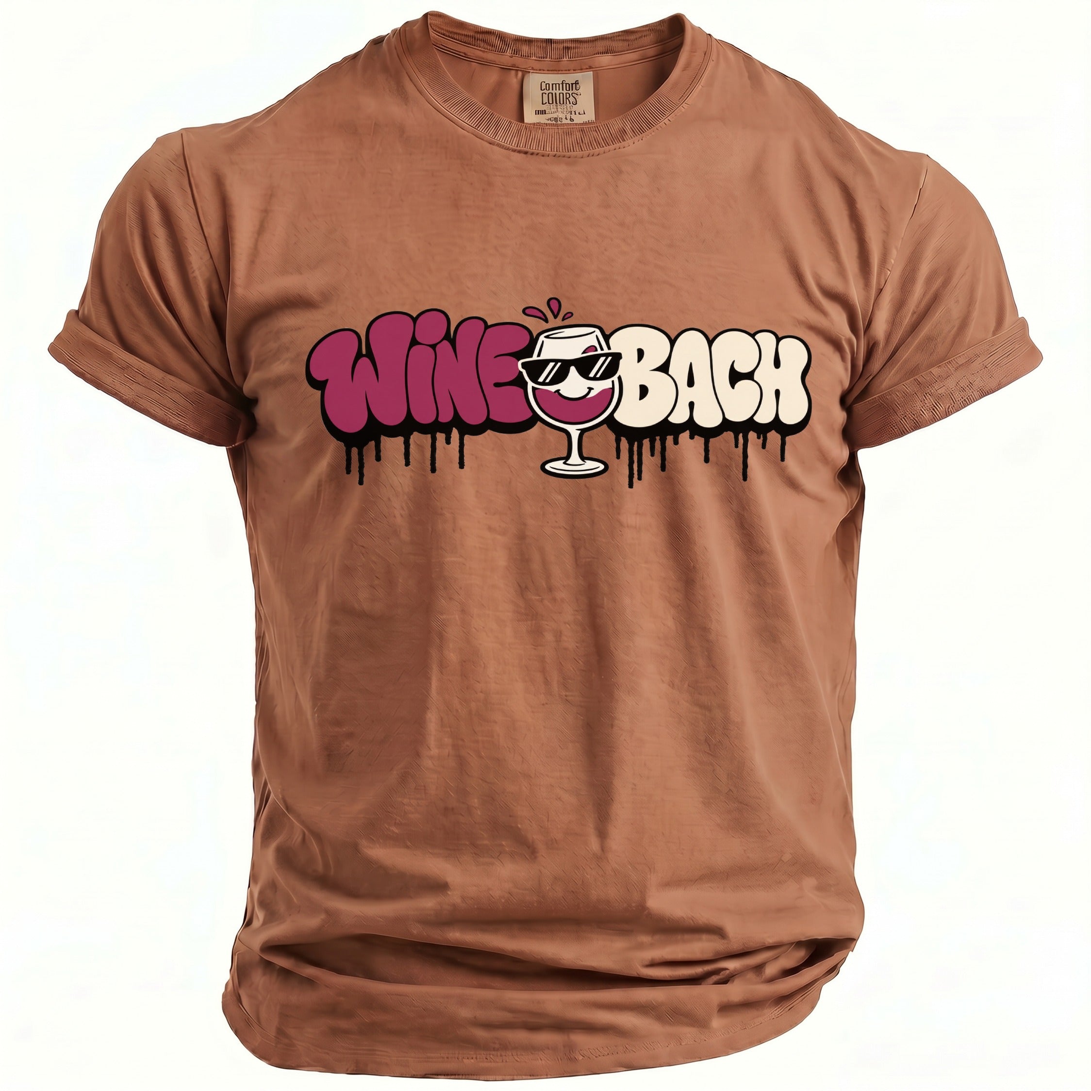 Brown t-shirt with "Wine Bach" text and a wine glass graphic.