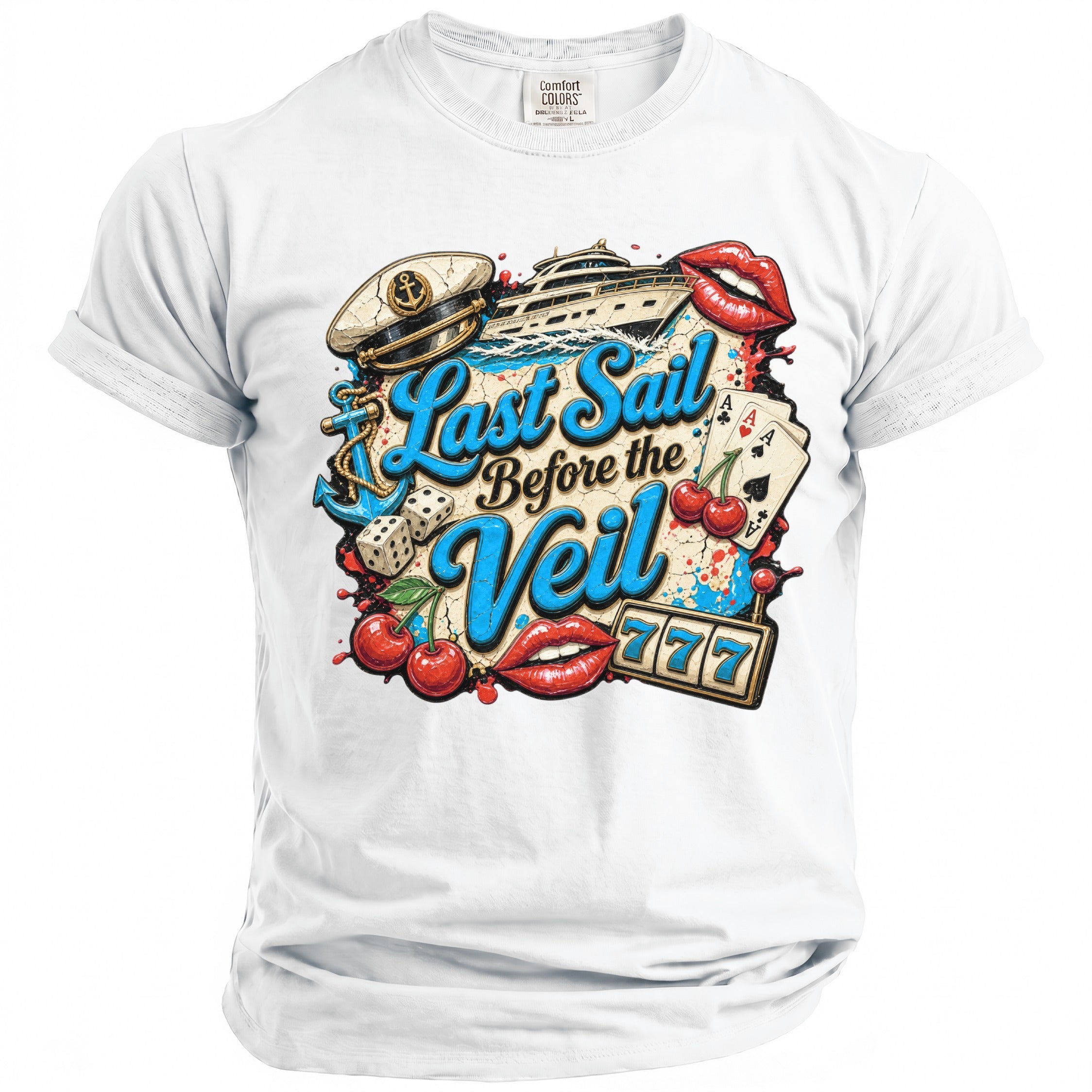 A white crewneck t-shirt featuring a colorful nautical and Vegas-themed graphic with the text Last Sail Before the Veil.