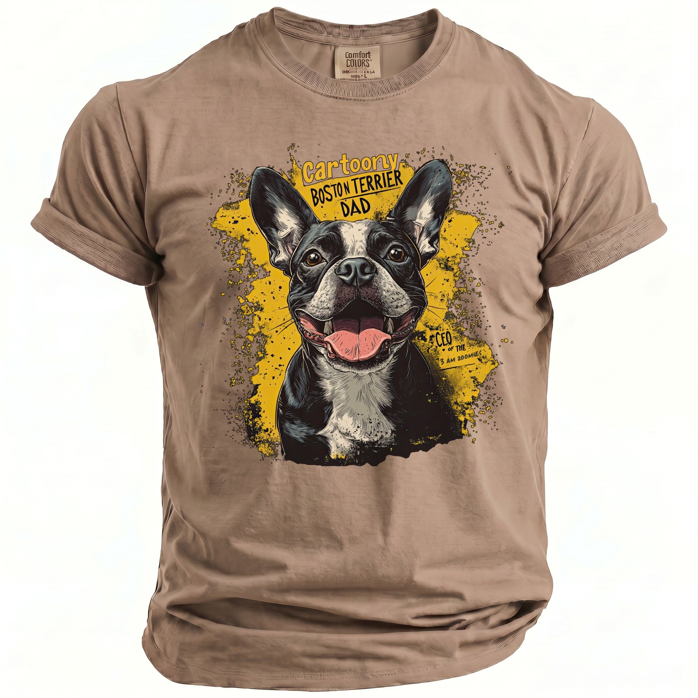 T-shirt with a cartoon Boston Terrier and text "Cartoony Boston Terrier Dad".