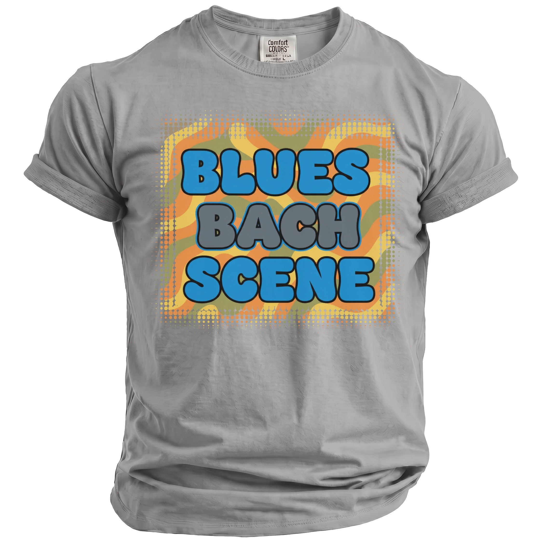 Gray t-shirt with "BLUES BACH SCENE" text in a retro abstract design.