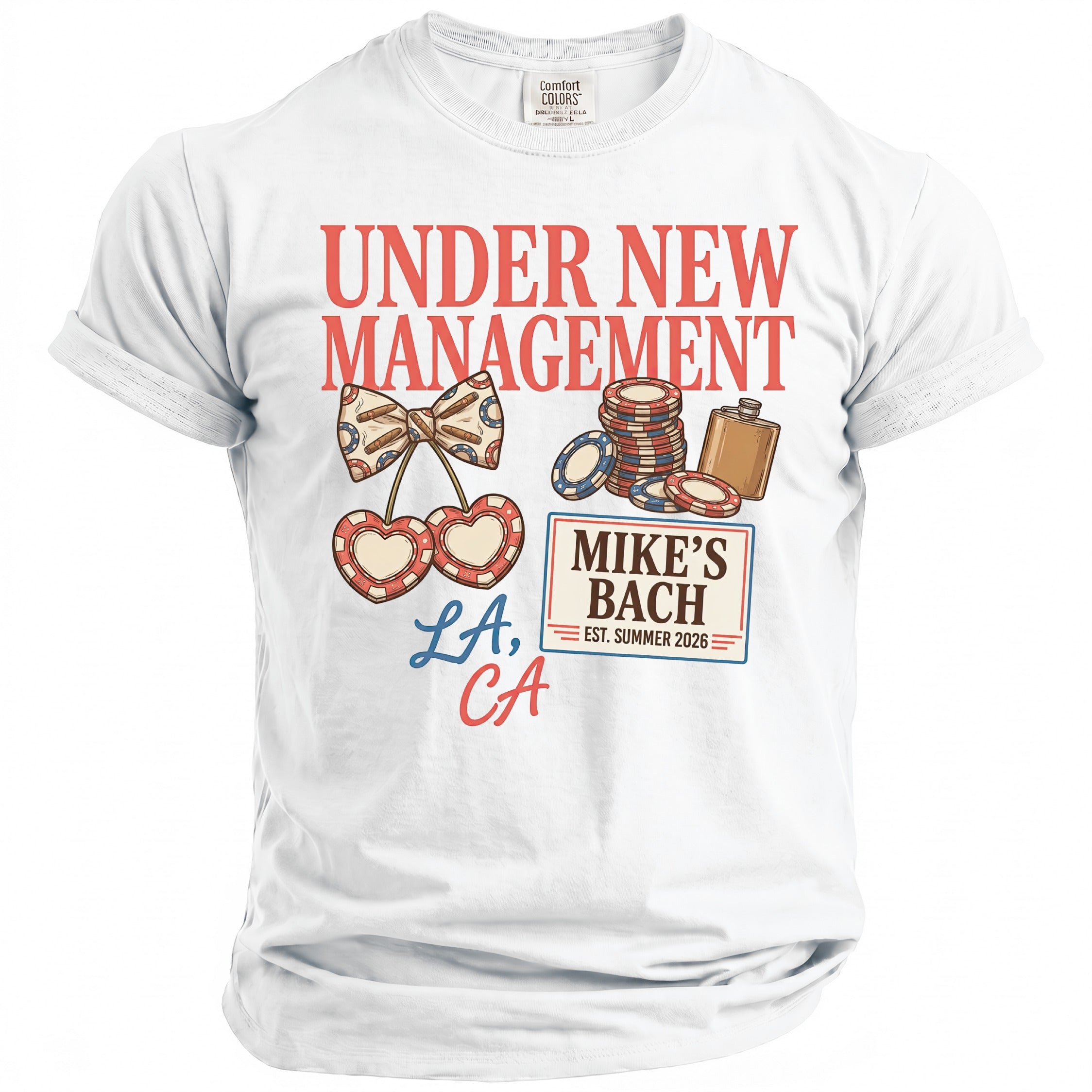 T-shirt graphic with "UNDER NEW MANAGEMENT" and "MIKE'S BACH" text.