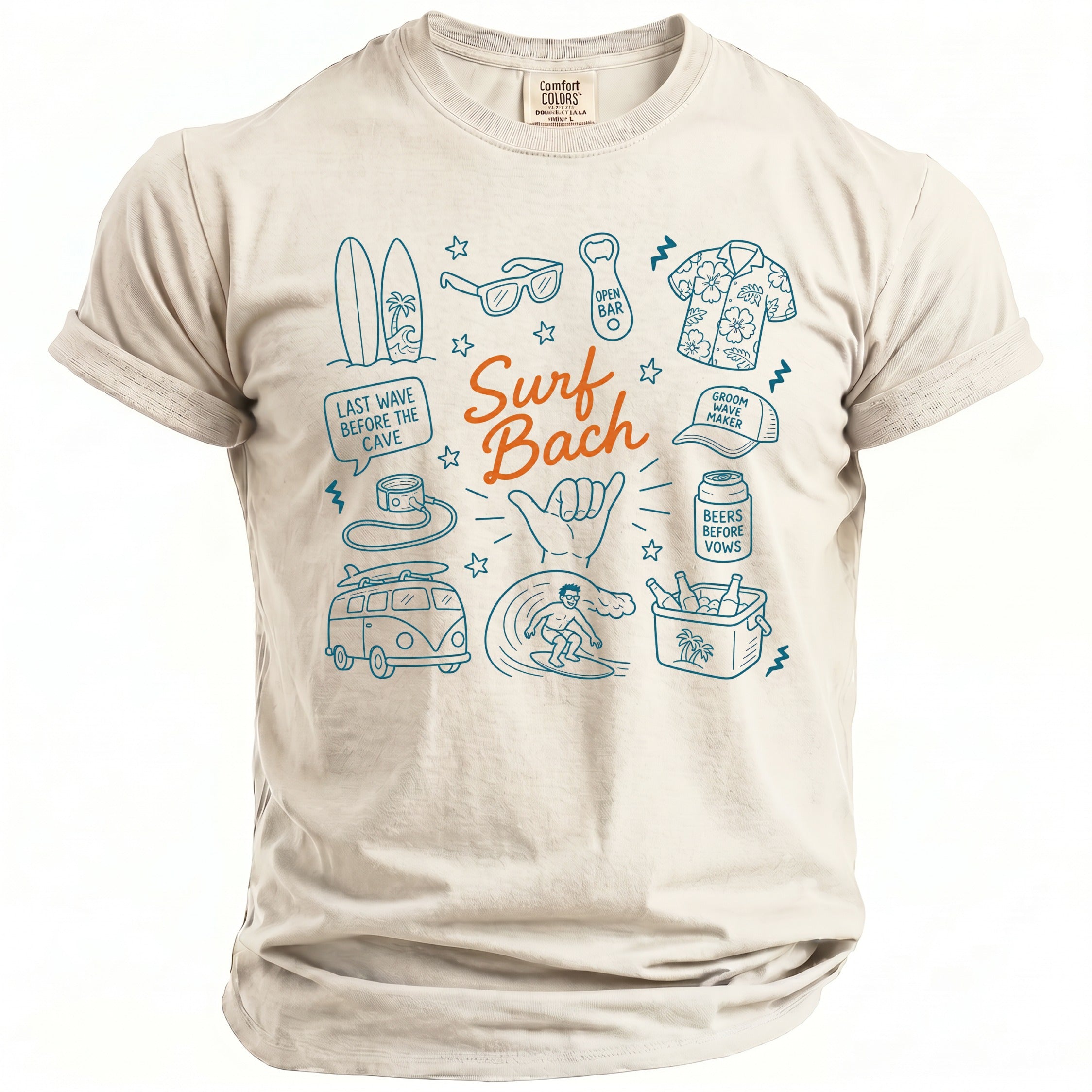 Cream t-shirt with blue line drawings of surf gear and text "Surf Bach".