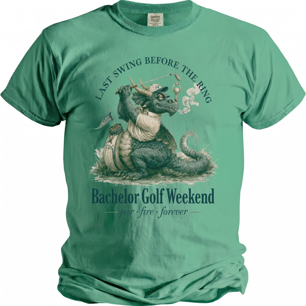 Dragon golfing with text "Last Swing Before the Ring" and "Bachelor Golf Weekend".