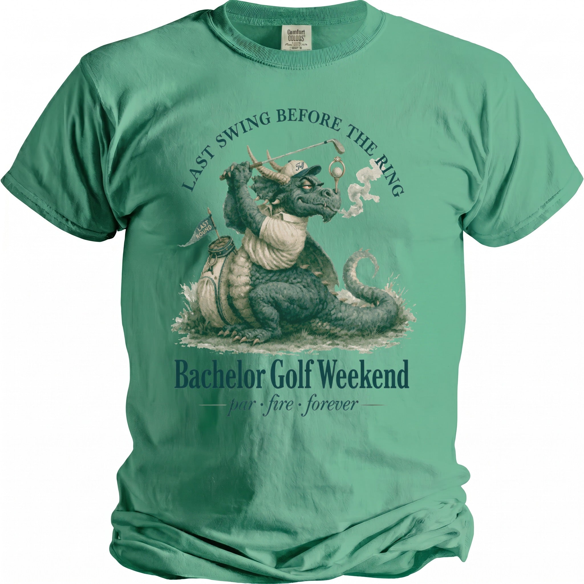 Dragon golfing with text "Last Swing Before the Ring" and "Bachelor Golf Weekend".