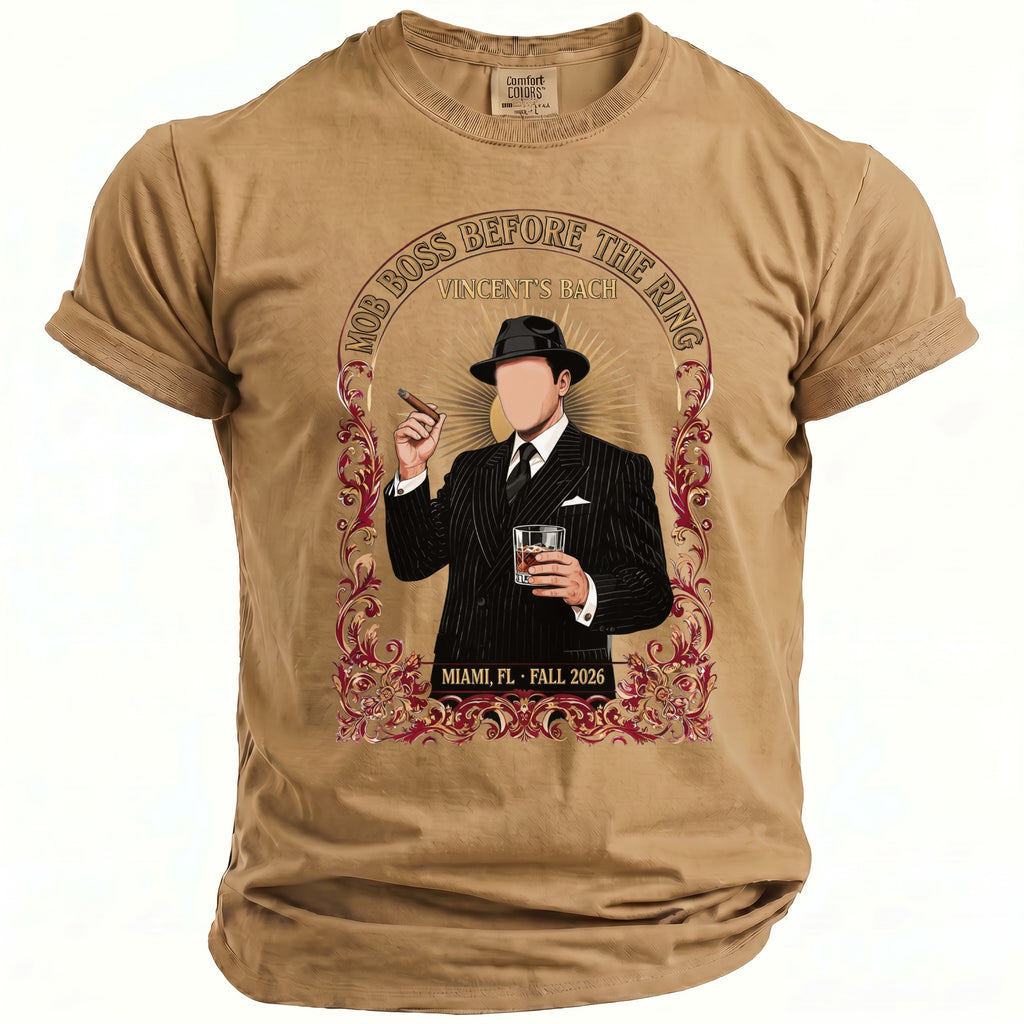 T-shirt with a graphic of a man in a suit holding a cigar and drink.