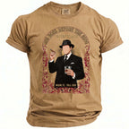 T-shirt with a graphic of a man in a suit holding a cigar and drink.
