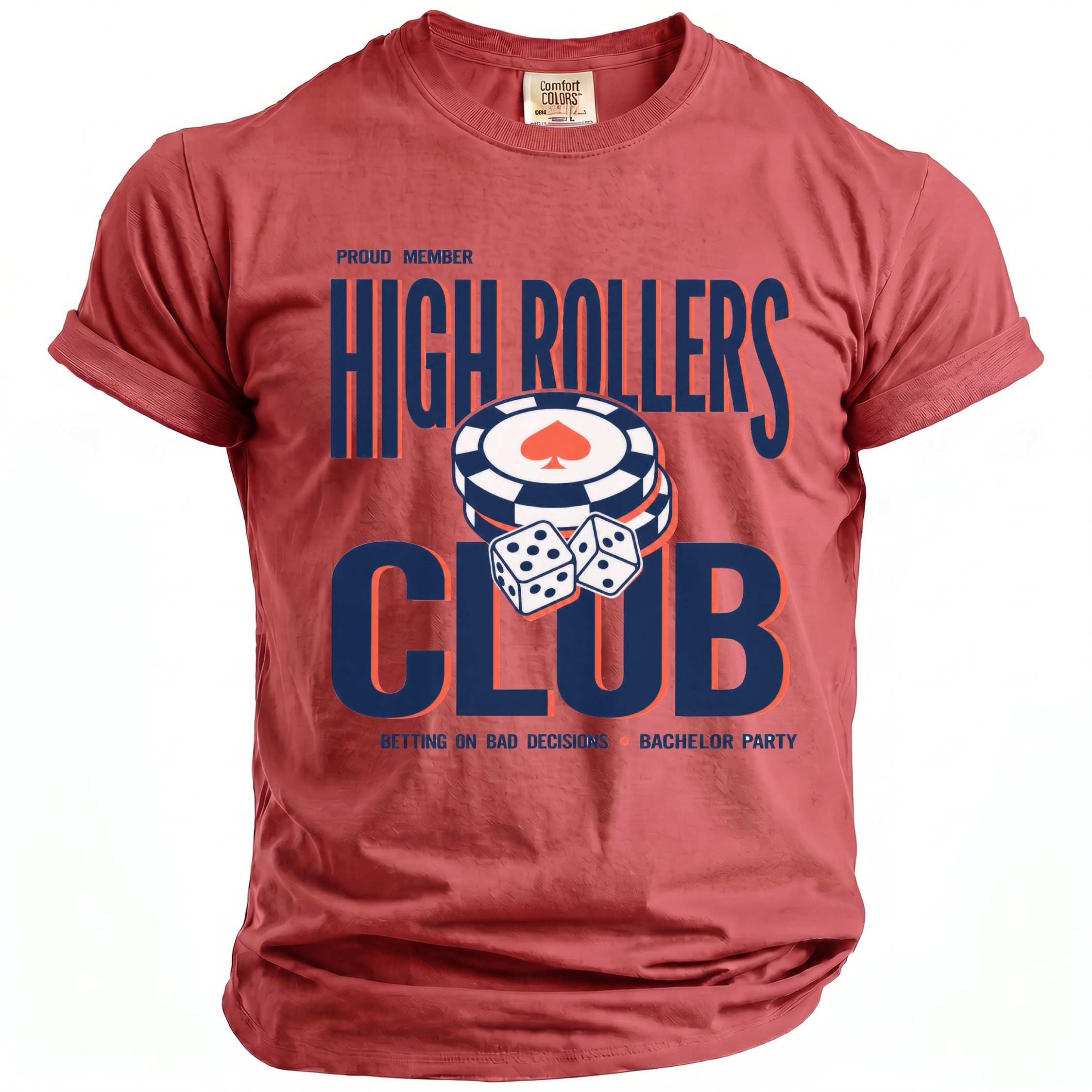 Red t-shirt with "Proud Member High Rollers Club" and gambling graphics.