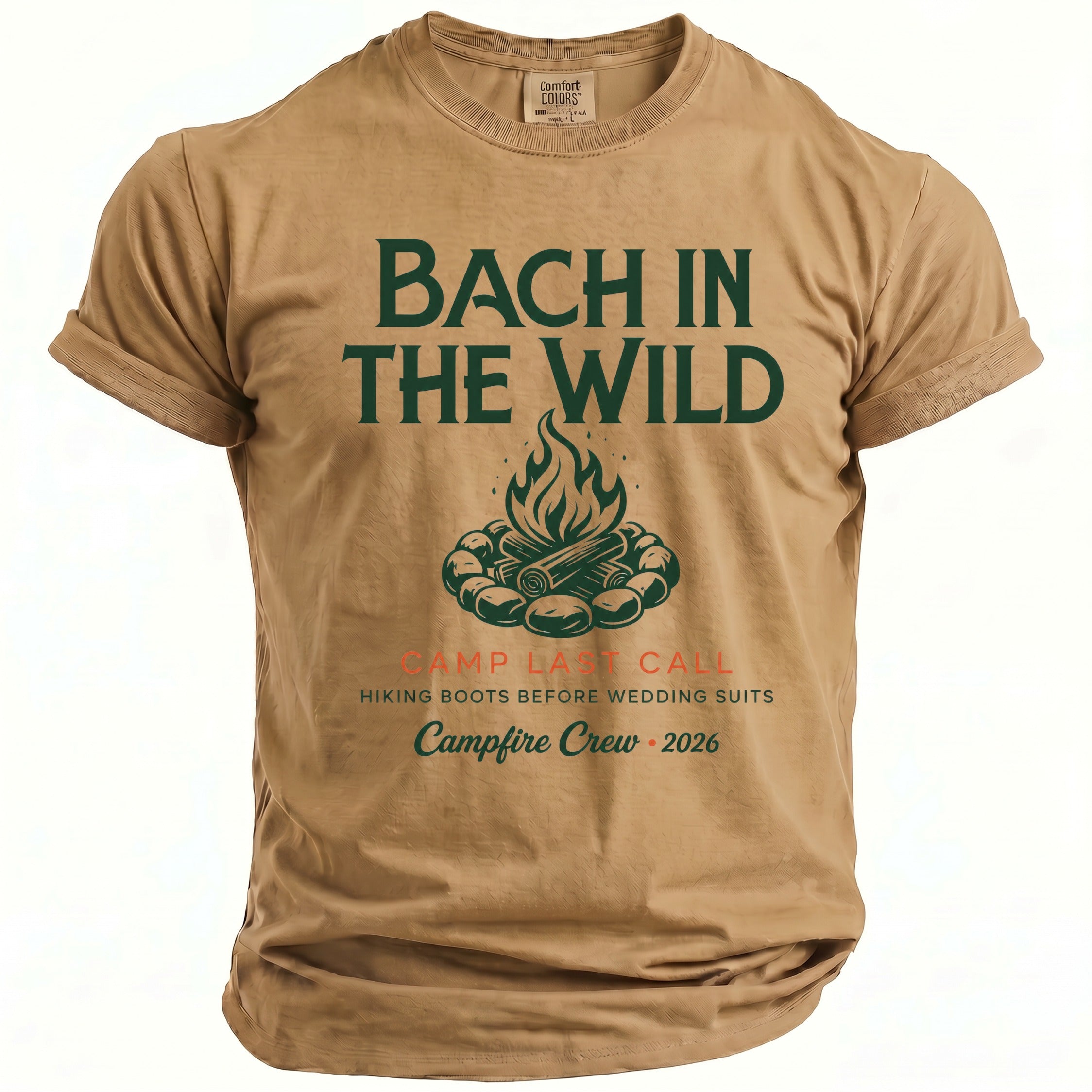 Tan t-shirt with "Bach In The Wild" and campfire graphic.