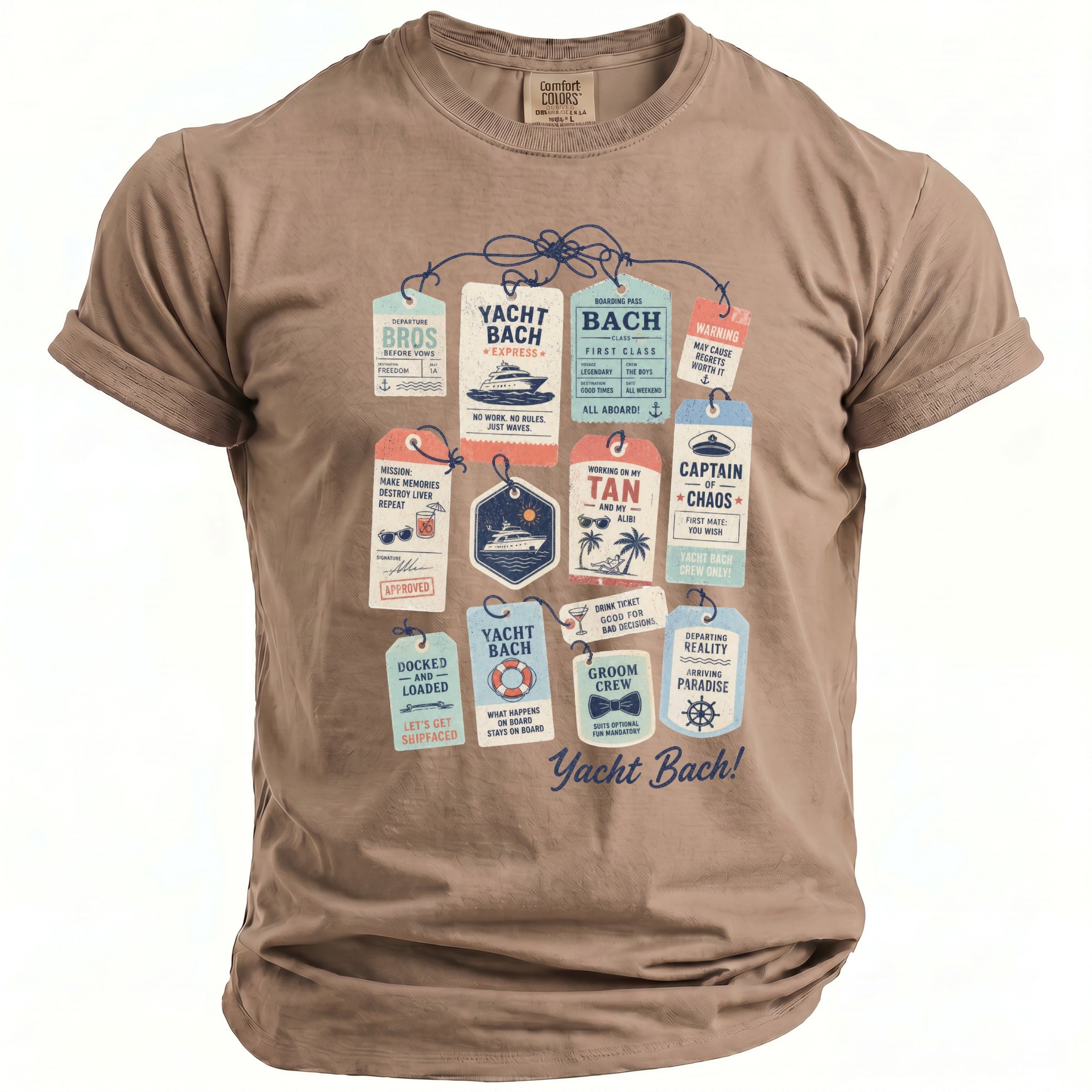 Taupe t-shirt with "Yacht Bach!" design featuring tags with nautical and party themes.