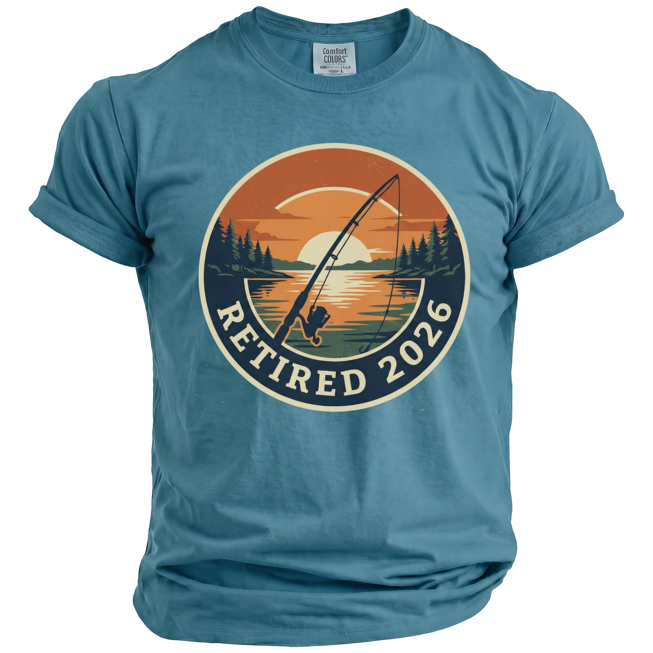 Blue t-shirt with "Retired 2026" fishing scene graphic.