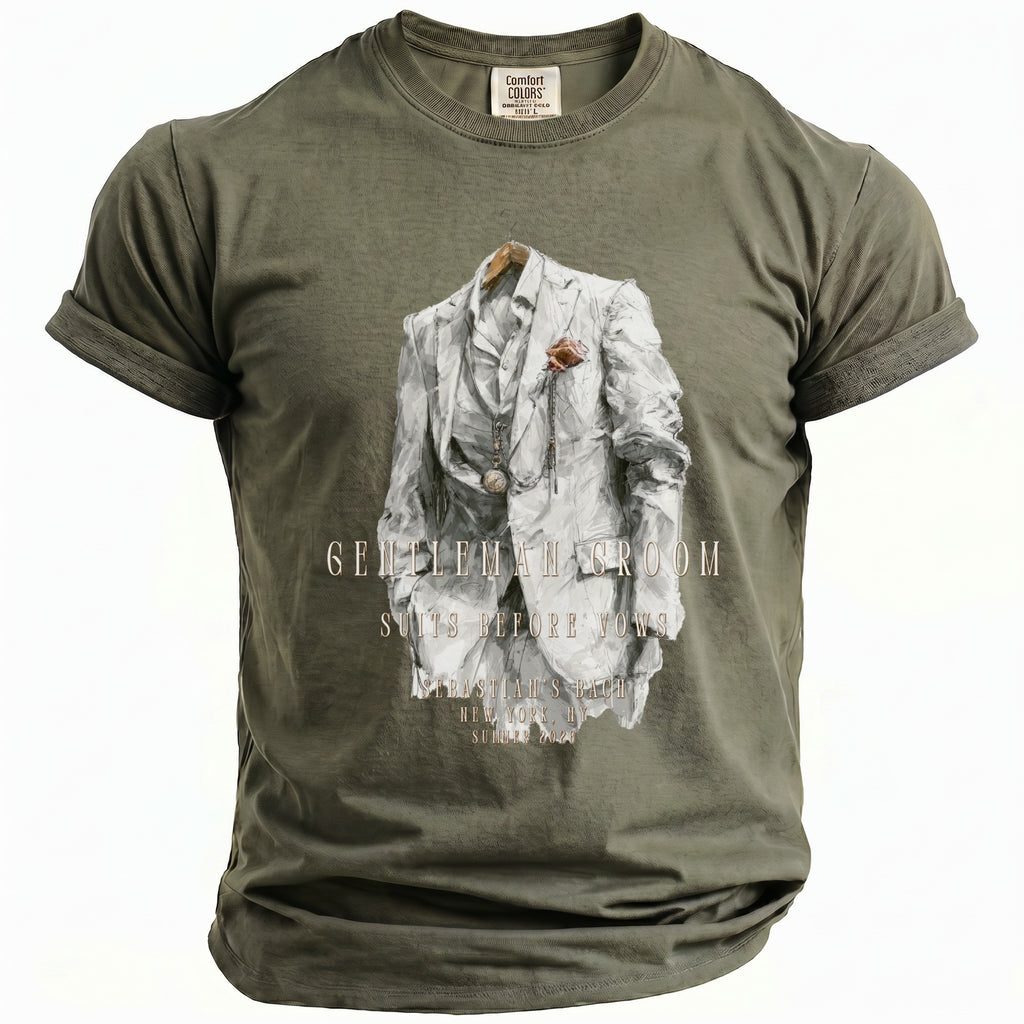 Olive t-shirt with graphic print of a white suit and text: GENTLEMAN GROOM SUITS BEFORE VOWS.