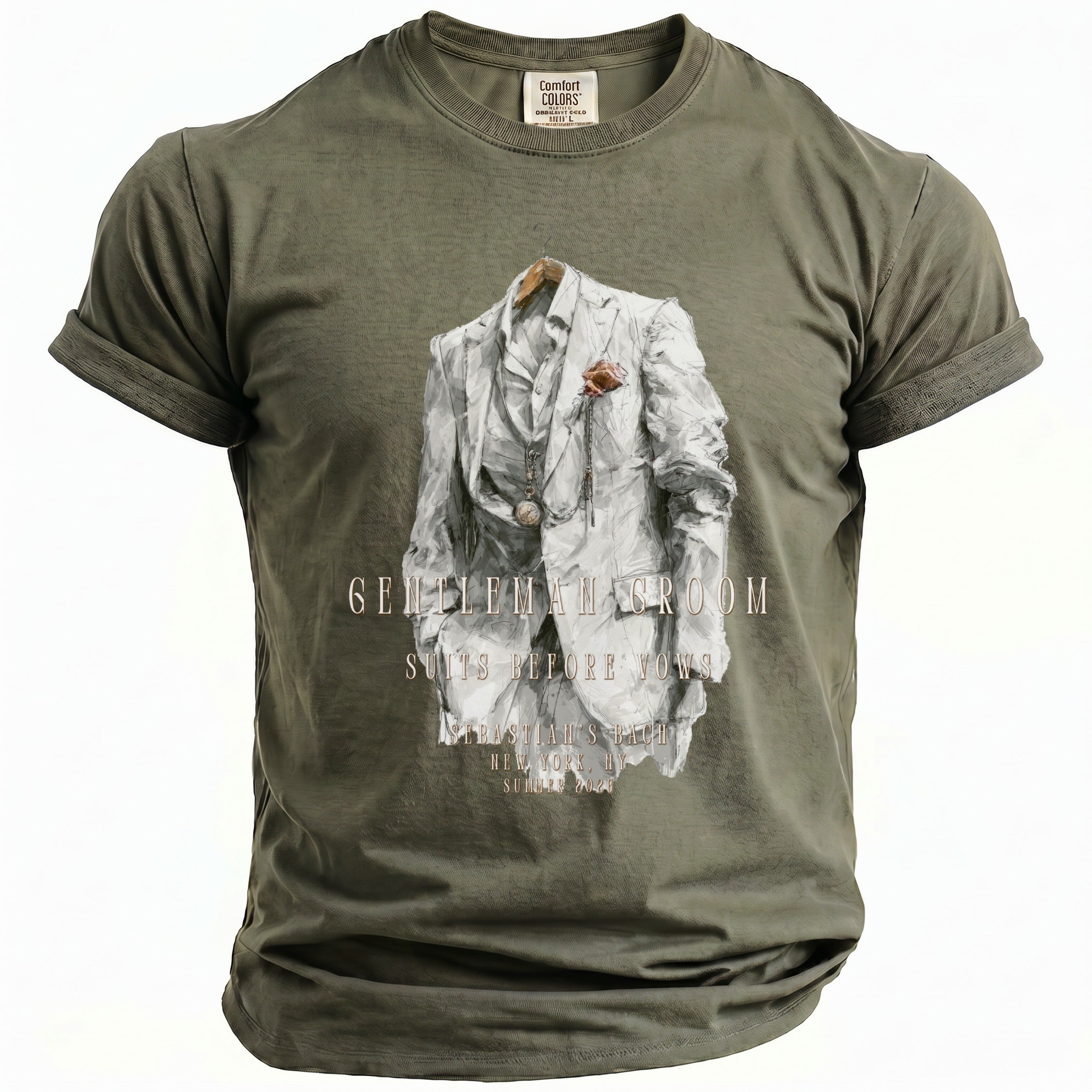 Olive t-shirt with graphic print of a white suit and text: GENTLEMAN GROOM SUITS BEFORE VOWS.