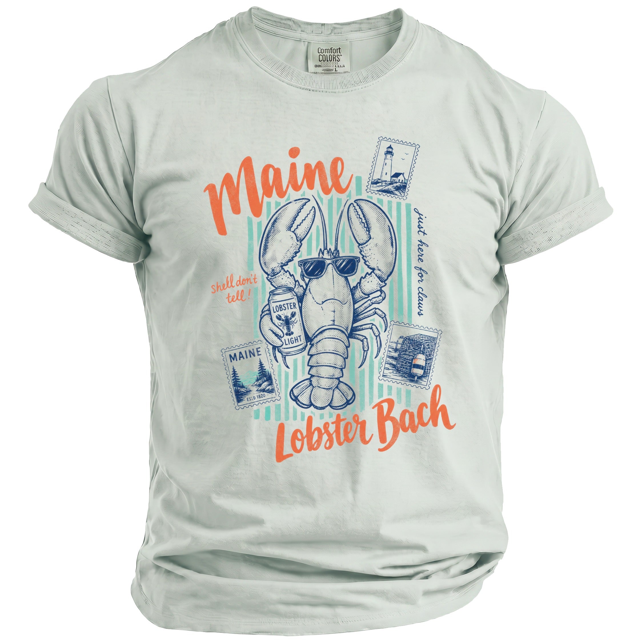 T-shirt with a cartoon lobster wearing sunglasses, holding a beer, and "Maine Lobster Bach" text.