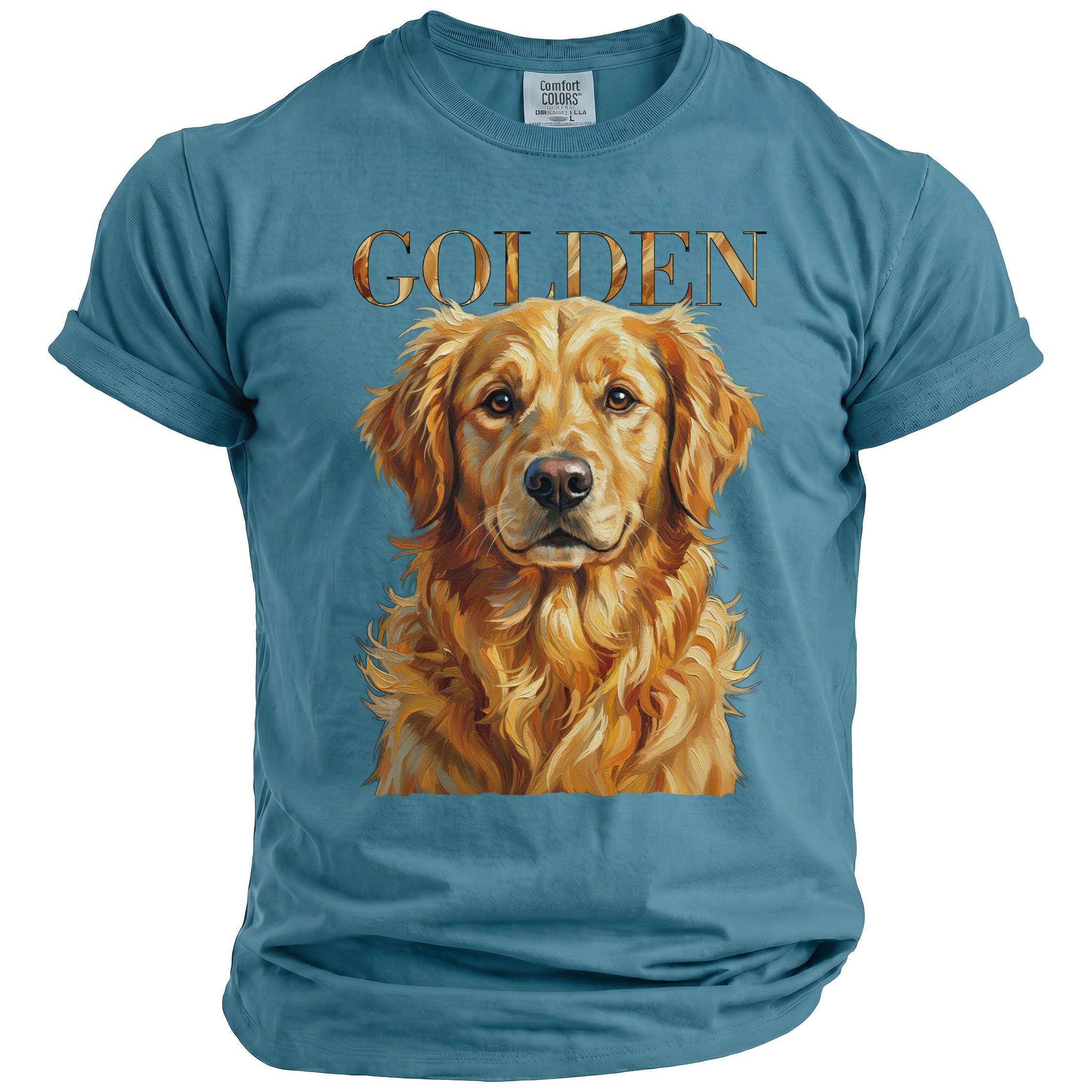 Blue t-shirt with "GOLDEN" text above a golden retriever dog portrait.