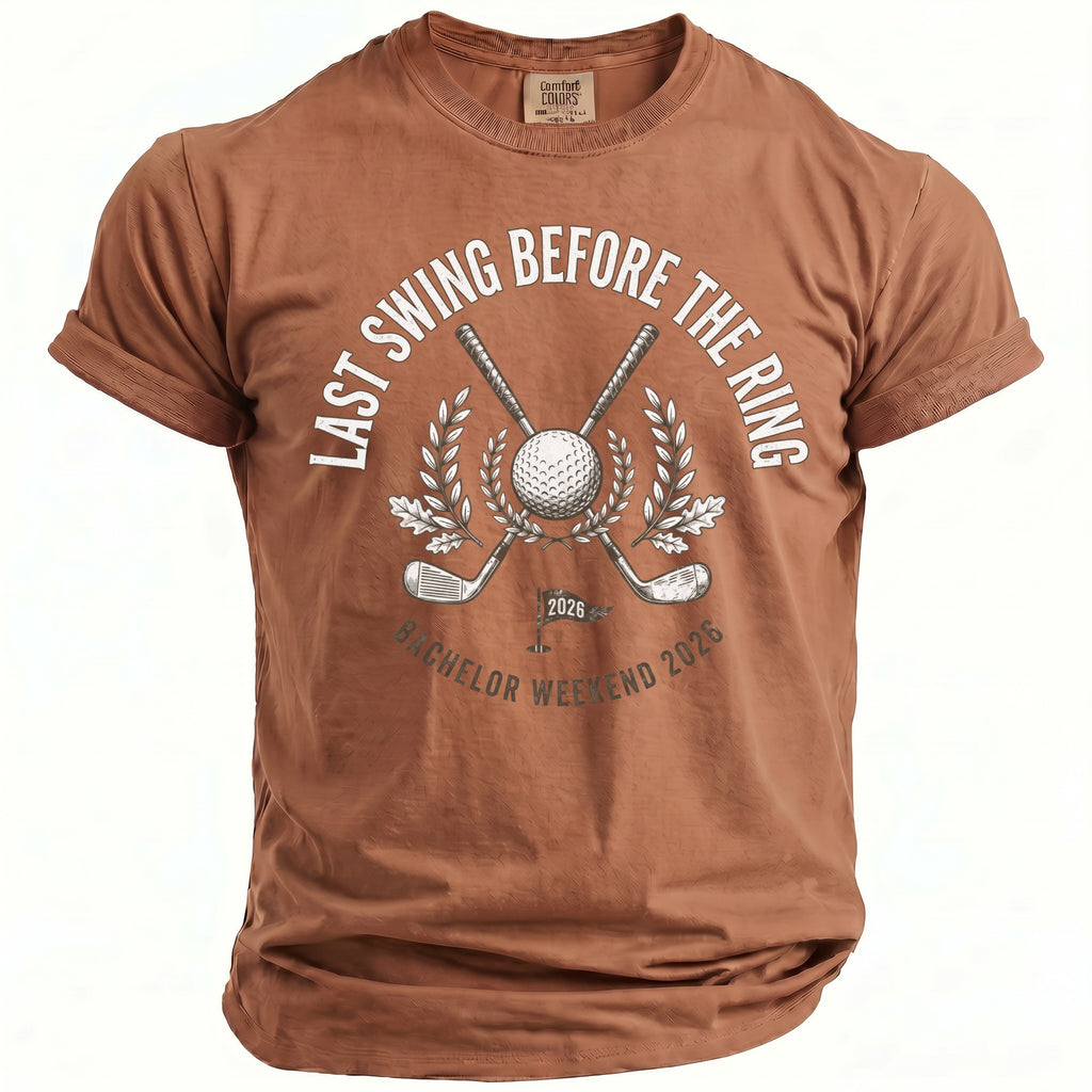 Brown t-shirt with "Last Swing Before the Ring" and "Bachelor Weekend 2026" graphics.