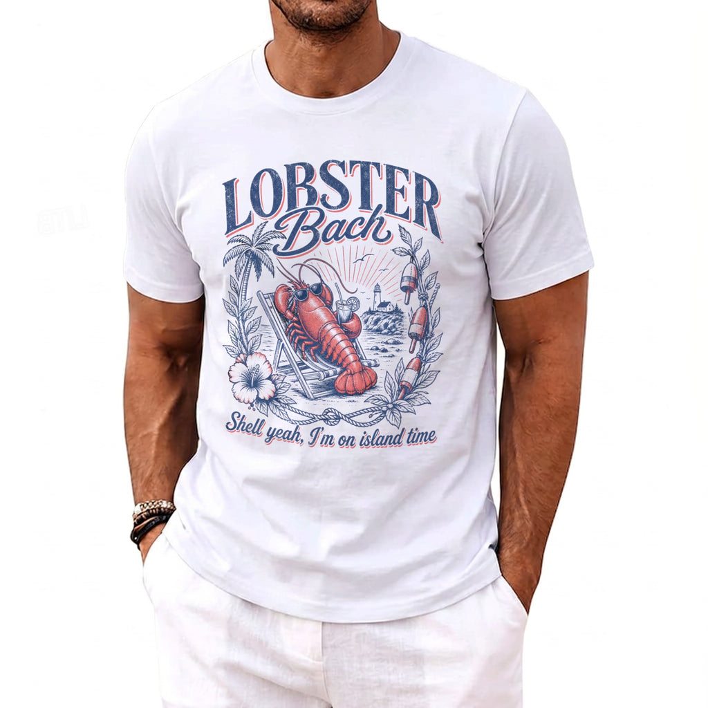 White t-shirt with graphic: lobster in sunglasses on beach chair, text "Lobster Bach".