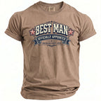 T-shirt with "Best Man Officially Appointed Bachelor Party 2026" text and stars.