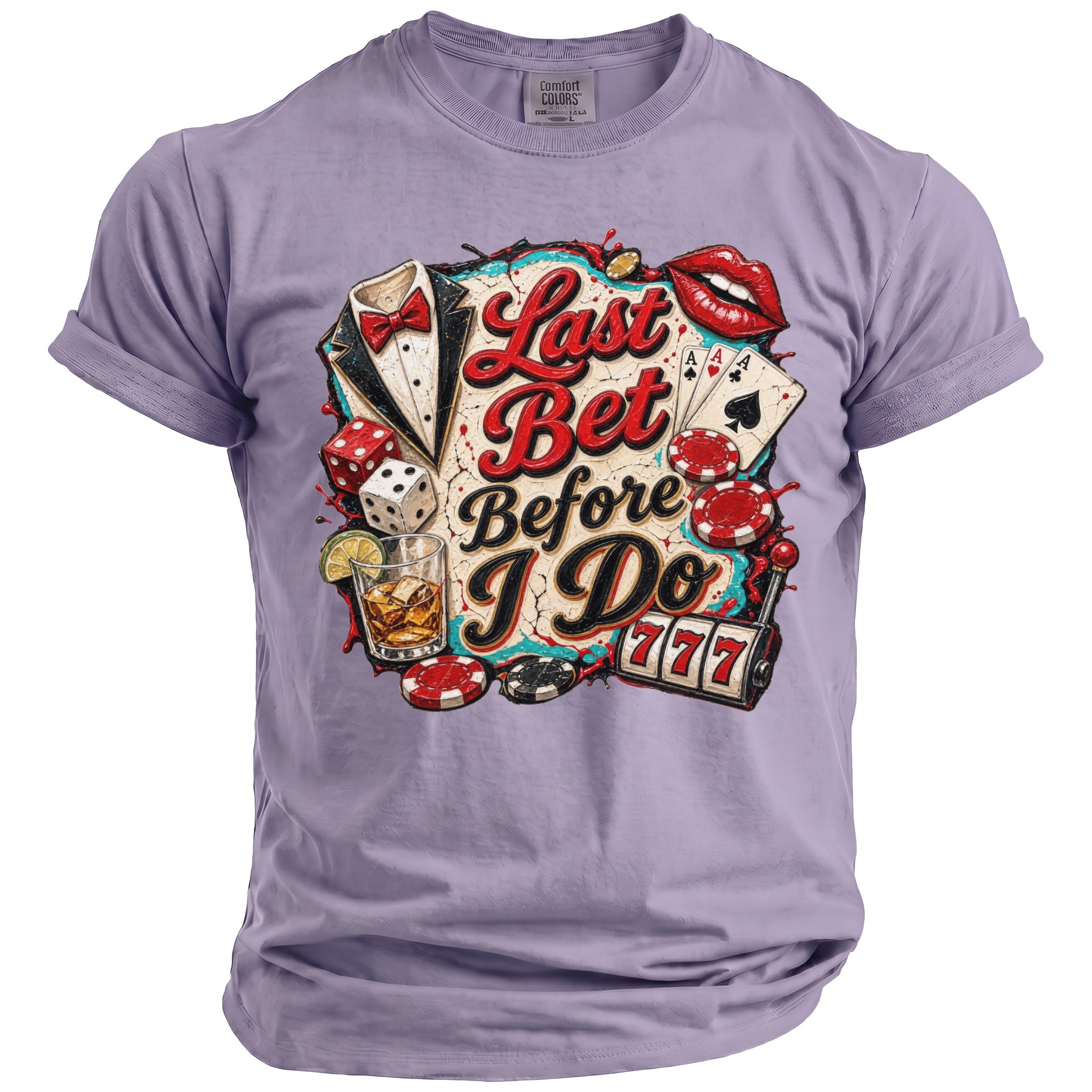 T-shirt with "Last Bet Before I Do" text, dice, cards, and slot machine.