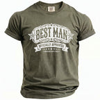 Olive green Comfort Colors t-shirt with white "Best Man Officially Appointed Bachelor Party 2026" graphic.