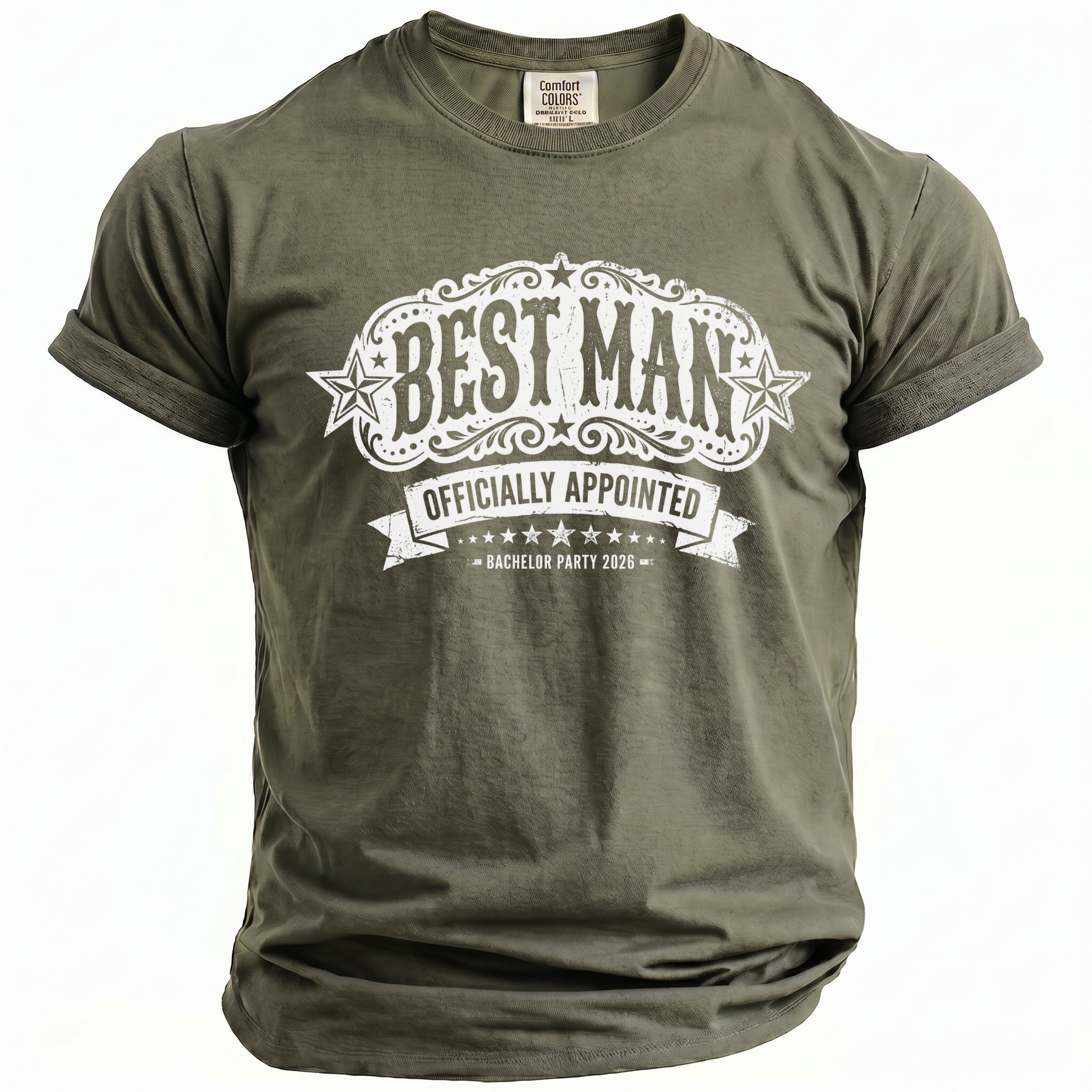 Olive green Comfort Colors t-shirt with white "Best Man Officially Appointed Bachelor Party 2026" graphic.